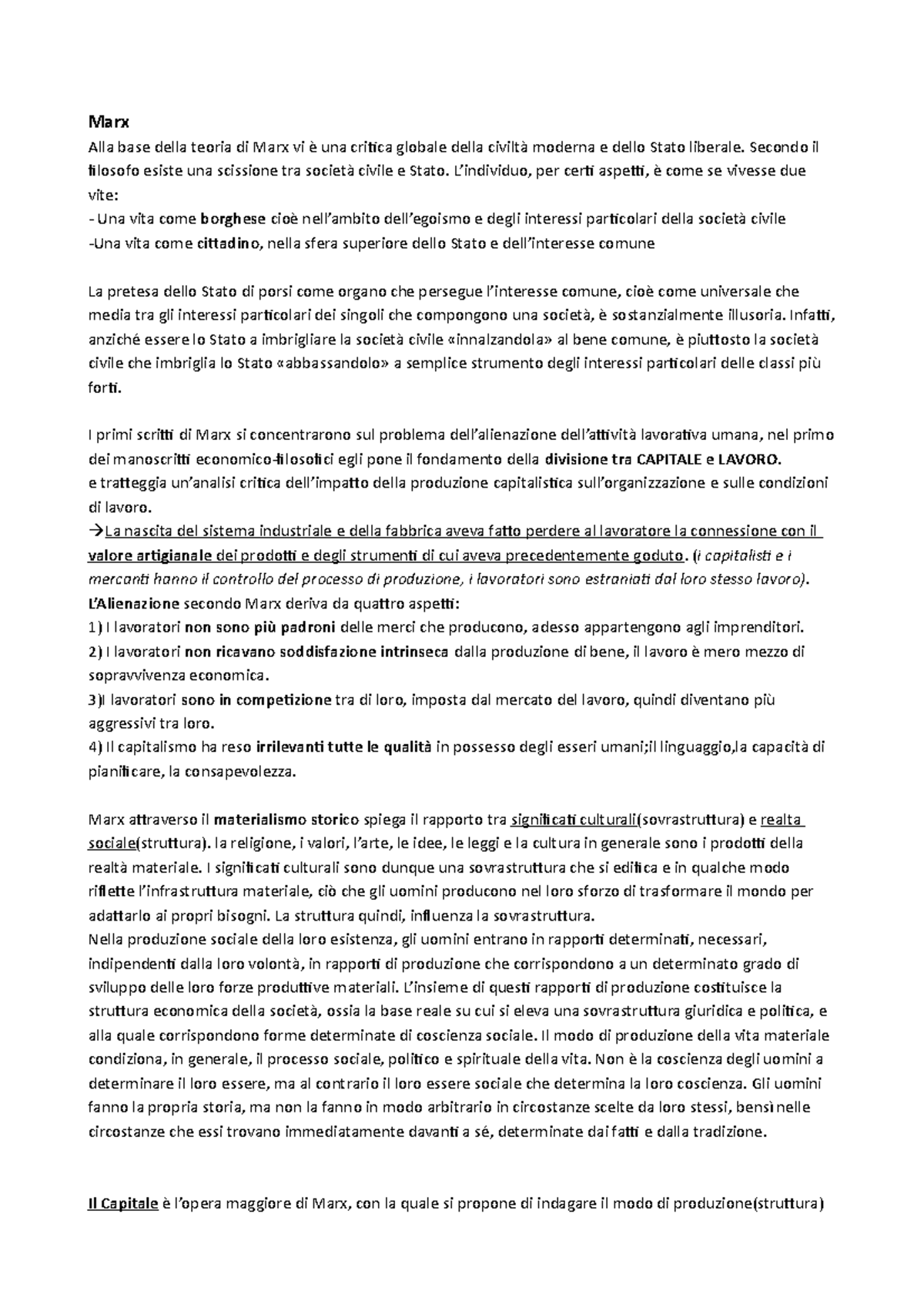 Marx Appunti Marx . Materialismo Storico,