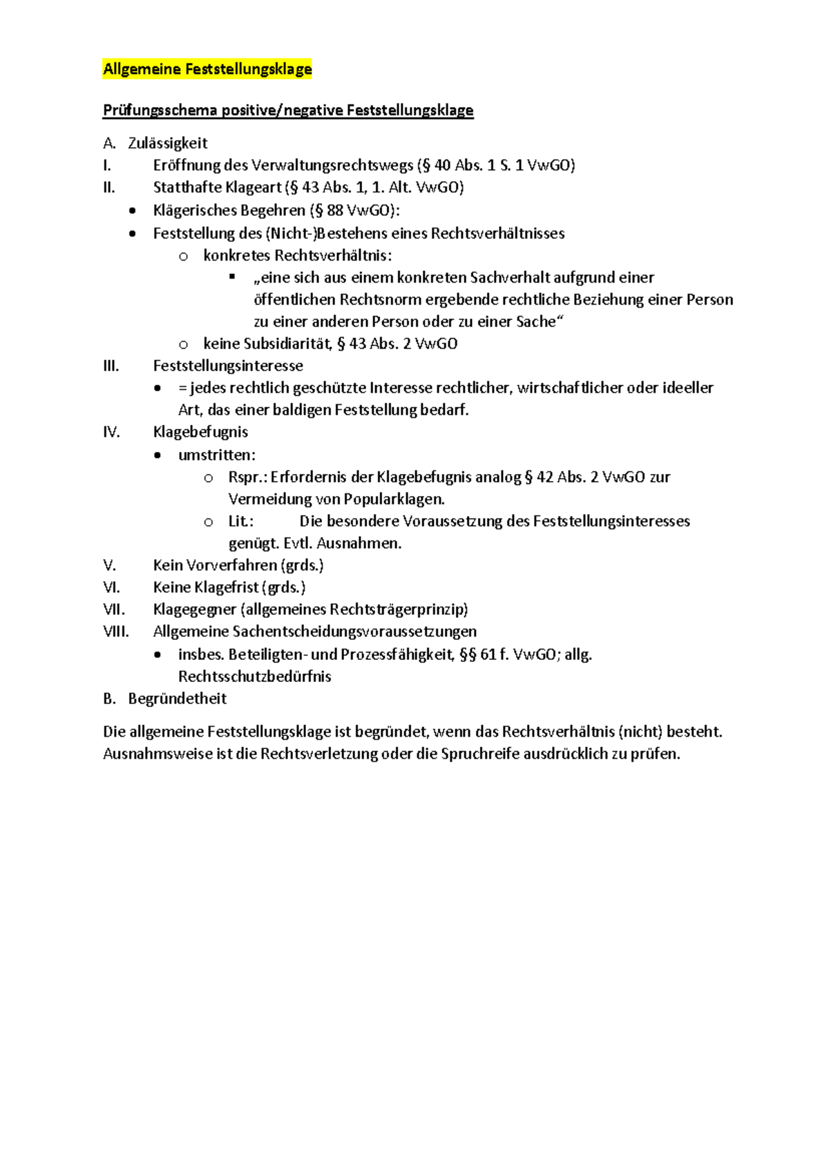 Feststellungsklage Prüfungsschema Prüfungsschema positive/negative