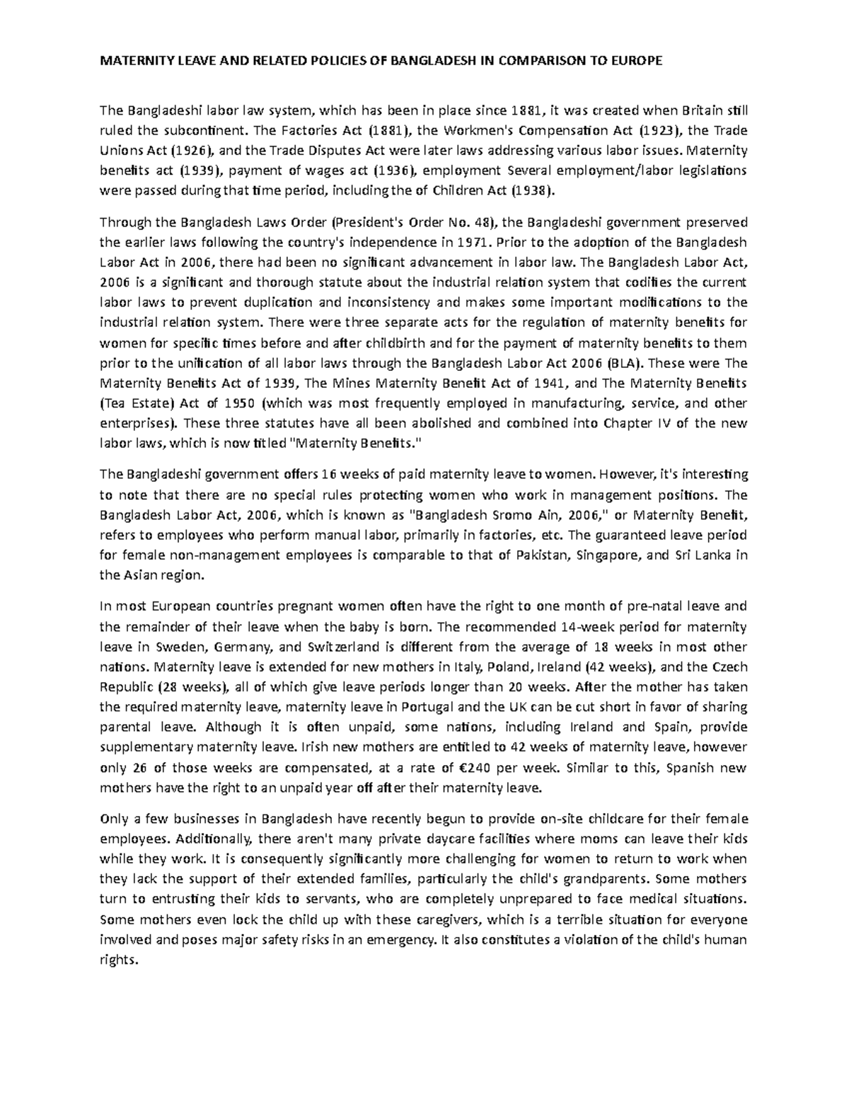 Maternity Benefits Act MATERNITY LEAVE AND RELATED POLICIES OF BANGLADESH IN COMPARISON TO