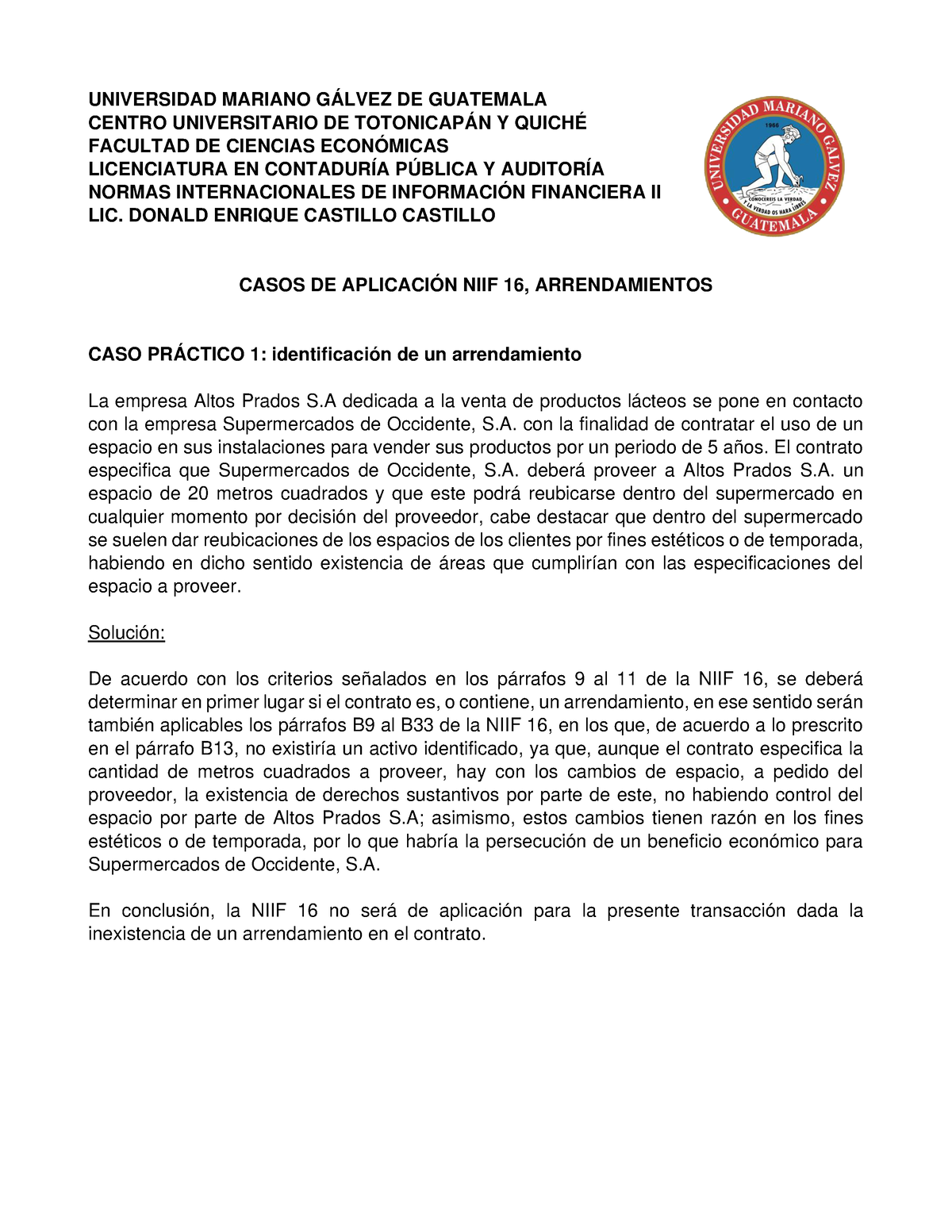 Casos Prácticos De Análisis Niif 16 Universidad Mariano GÁlvez De Guatemala 7058
