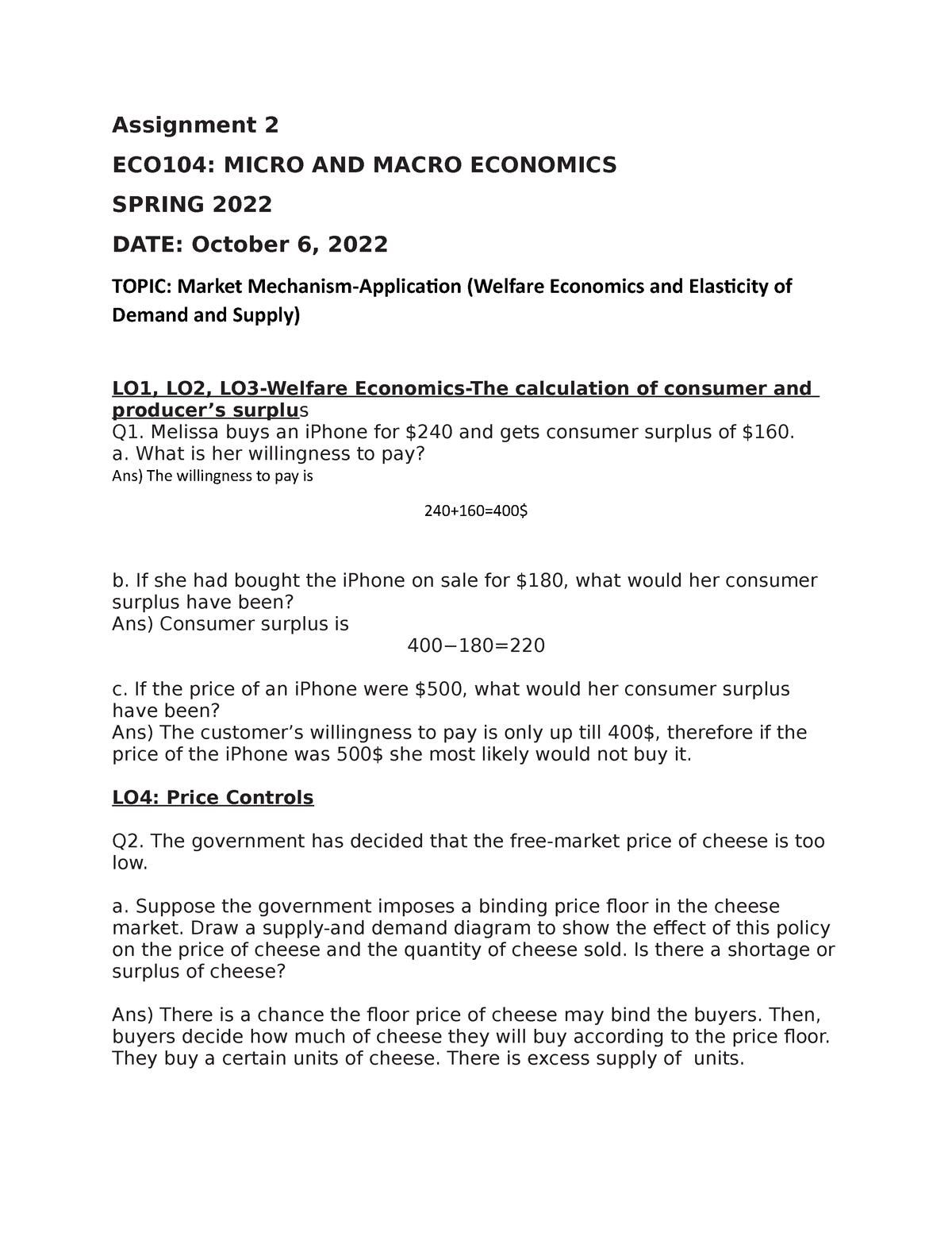 A2-Market Mechanism Application 2 - Assignment 2 ECO104: MICRO AND ...