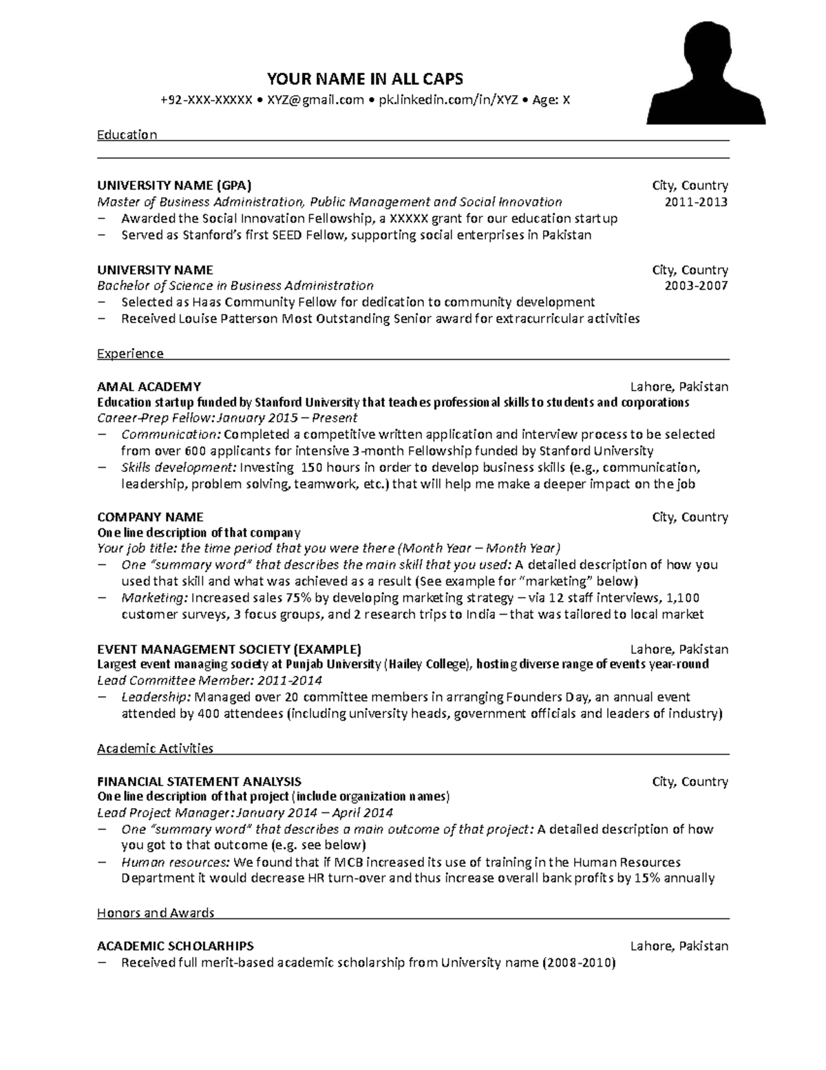 Amal Academy Resume Template Feb 2017 - YOUR NAME IN ALL CAPS +92-XXX ...