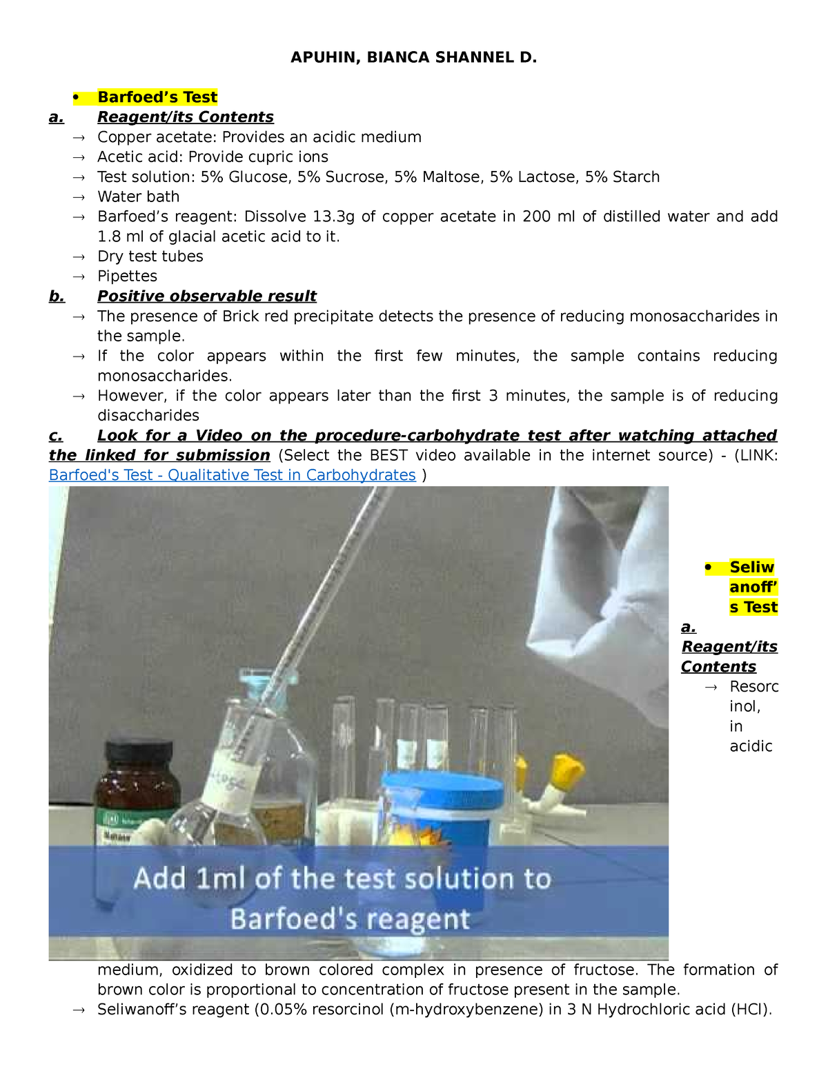 Apuhin Biochem note APUHIN, BIANCA SHANNEL D. Barfoed’s Test a