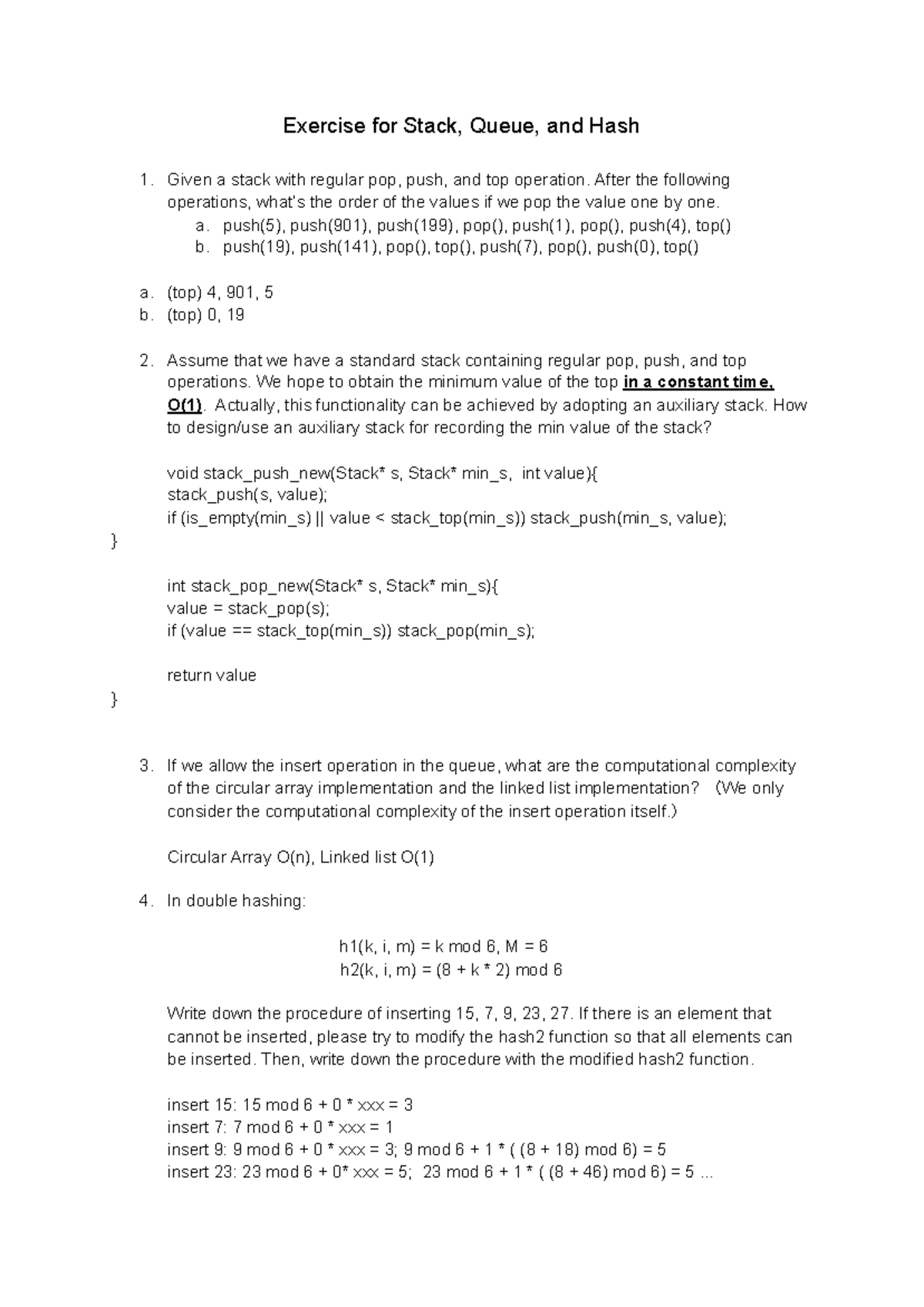 Exercise Stack Queue Hash answer - Exercise for Stack, Queue, and Hash ...