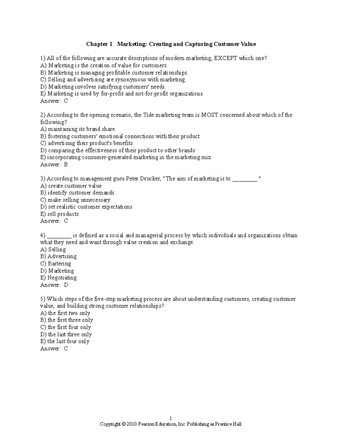 Chapter 1 - TESTBANK - Chapter 1 Marketing: Creating And Capturing ...