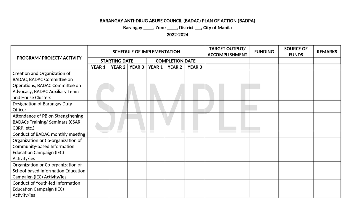 Barangay Anti-Drug Abuse Council ( Badac) Plan of Action ( Badpa ...