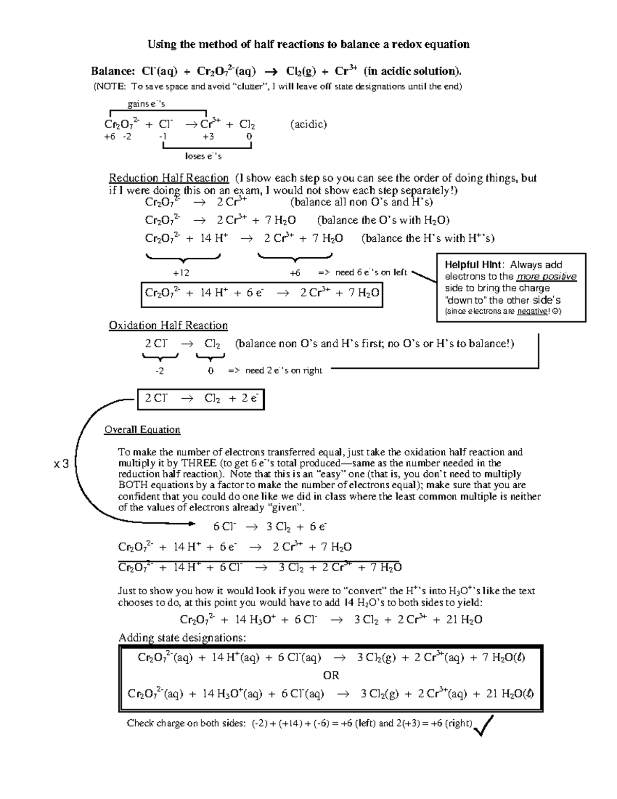 Half Rxn Method Example - Using the method of half reactions to balance ...
