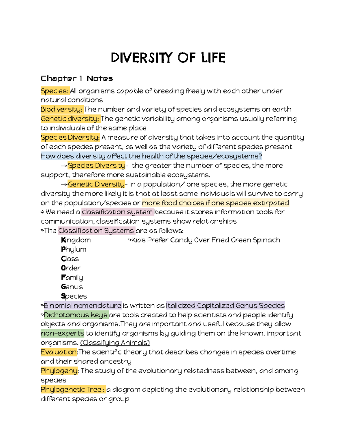 Biology Notes - good stuff - DIVERSITY OF LIFE Chapter 1 Notes Species ...