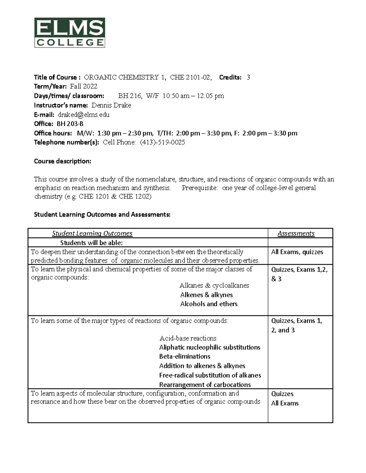 Syllabus, CHE 2101-02, Fall 2022 - Title Of Course : ORGANIC CHEMISTRY ...