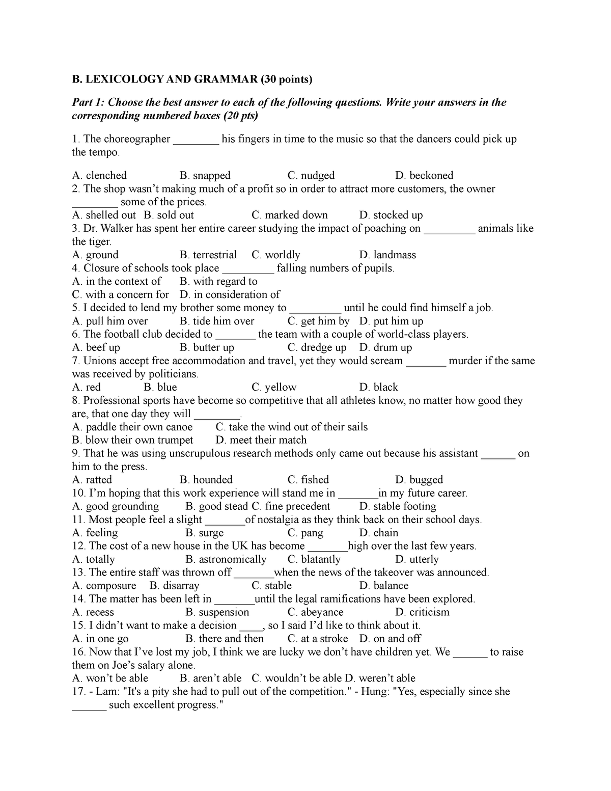 Review 5 READ - Test - B. LEXICOLOGY AND GRAMMAR (30 Points) Part 1 ...