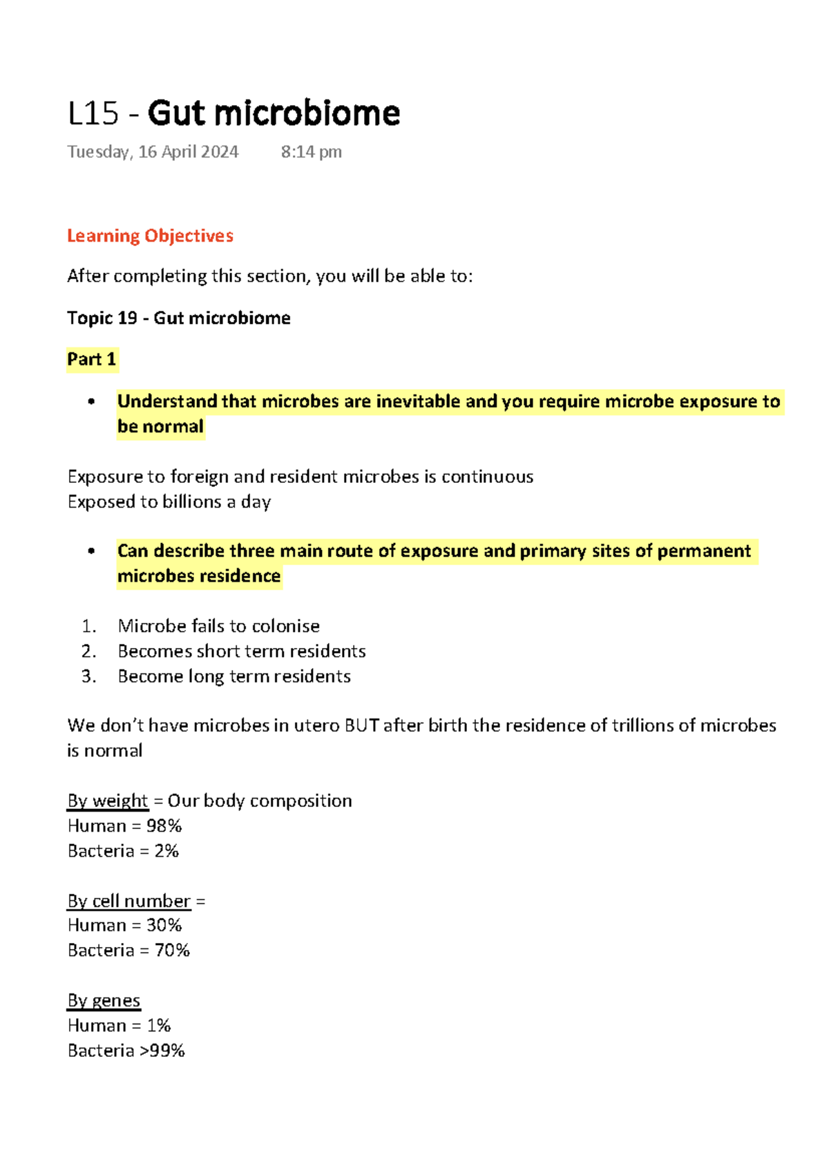 L15 - Gut microbiome - Learning Objectives After completing this ...