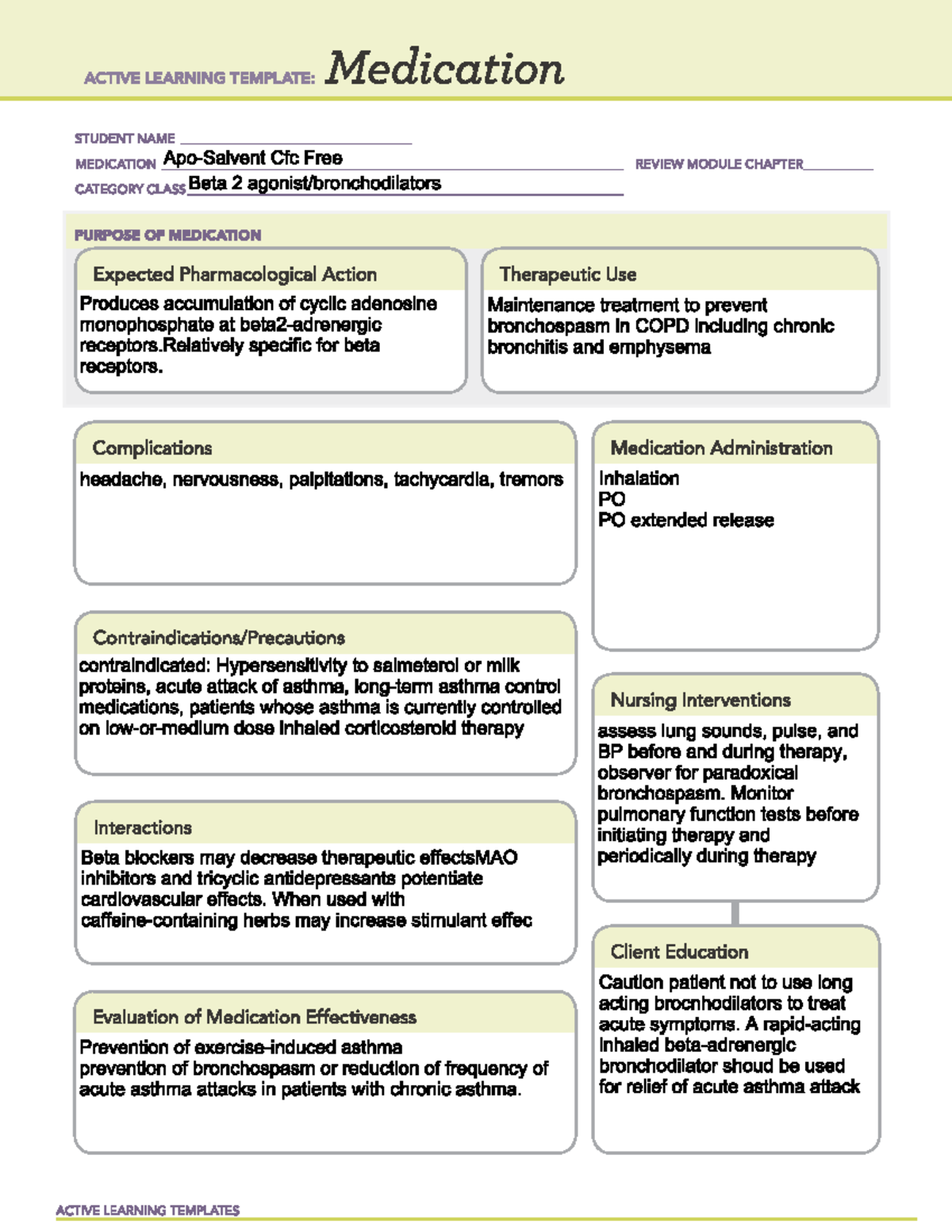 Apo-Salvent Cfc Free - Bronchodilator lecture - NR-291 - Studocu