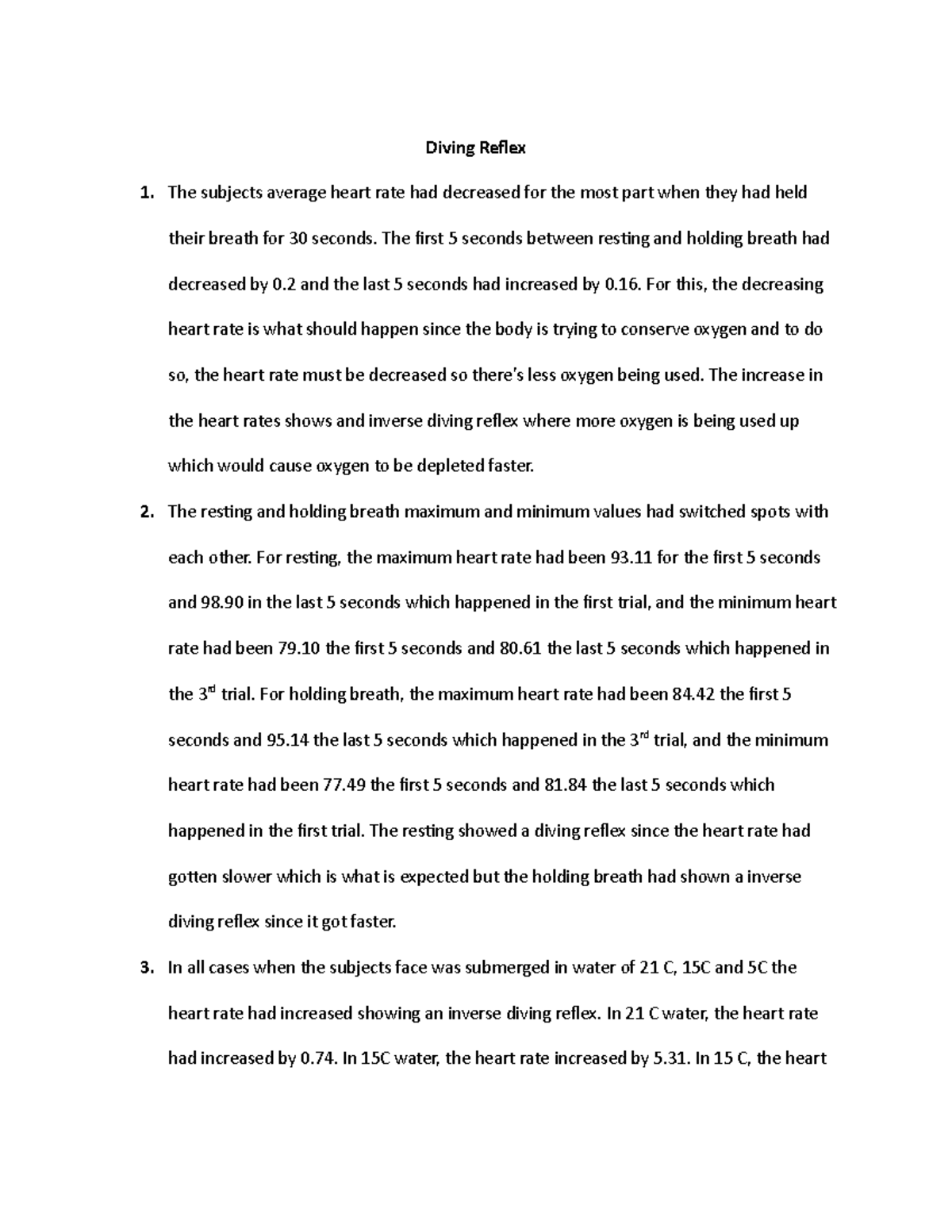 Lab 10 Dr P Diving Reflex The subjects average heart rate had