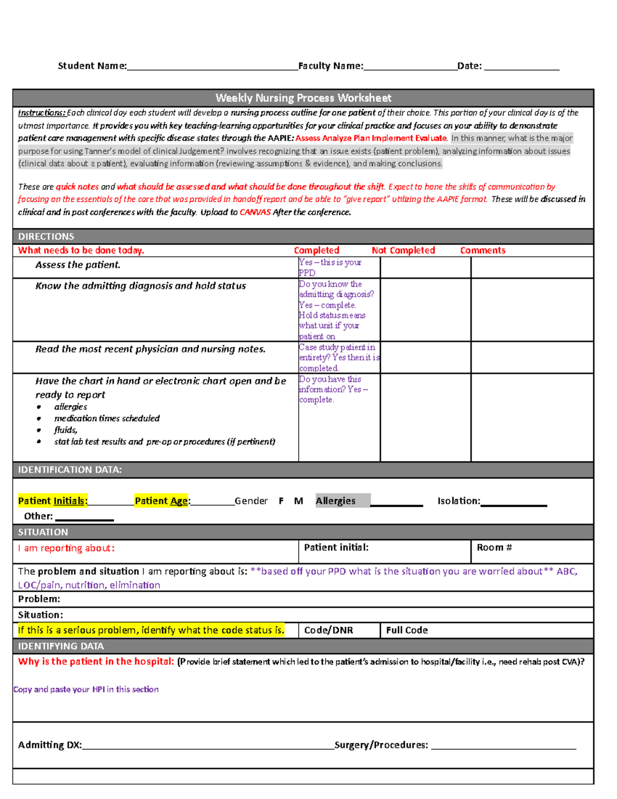 New Nursing Process Worksheet Notes - Student Name: Faculty Name: Date ...