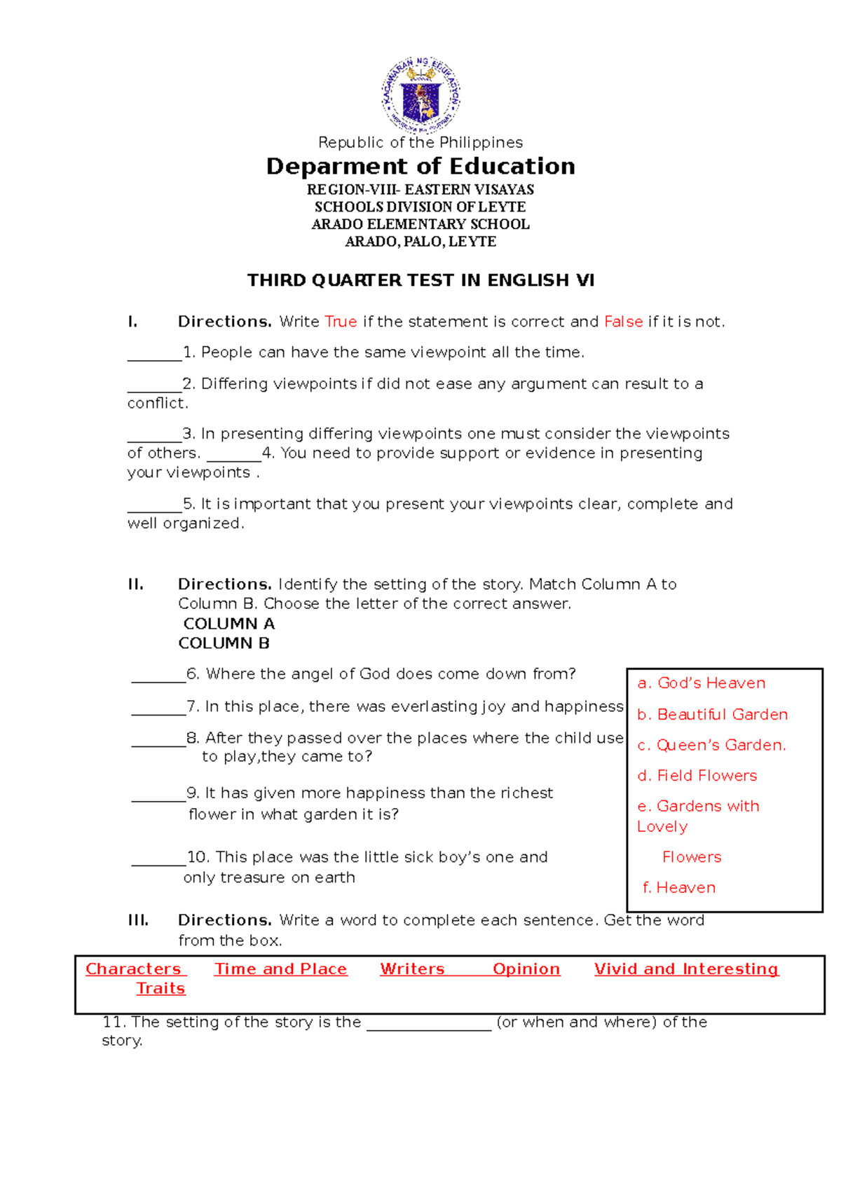 3rd Quarter Test English - Republic of the Philippines Deparment of ...