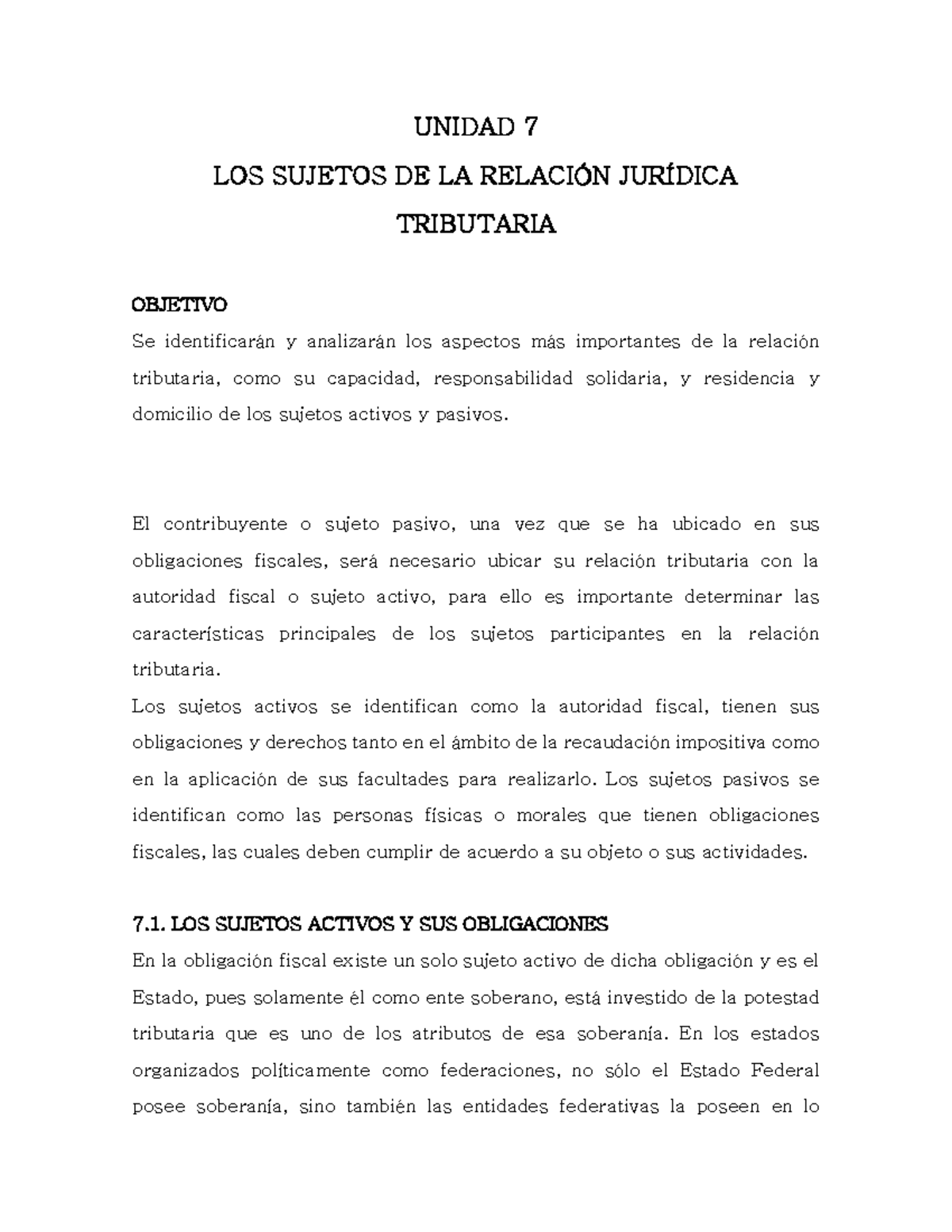 Sujetos de la obligación tributaria - UNIDAD 7 LOS SUJETOS DE LA ...