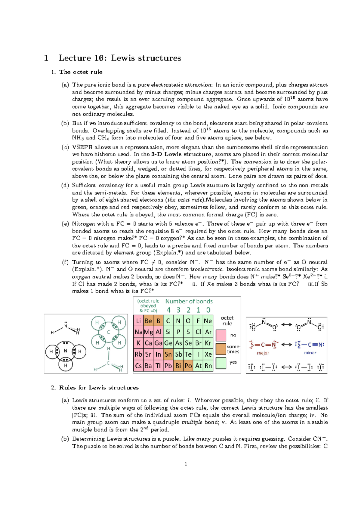 16-Lewis Structures-1 - 1 Lecture 16: Lewis Structures 1 Octet Rule (a ...