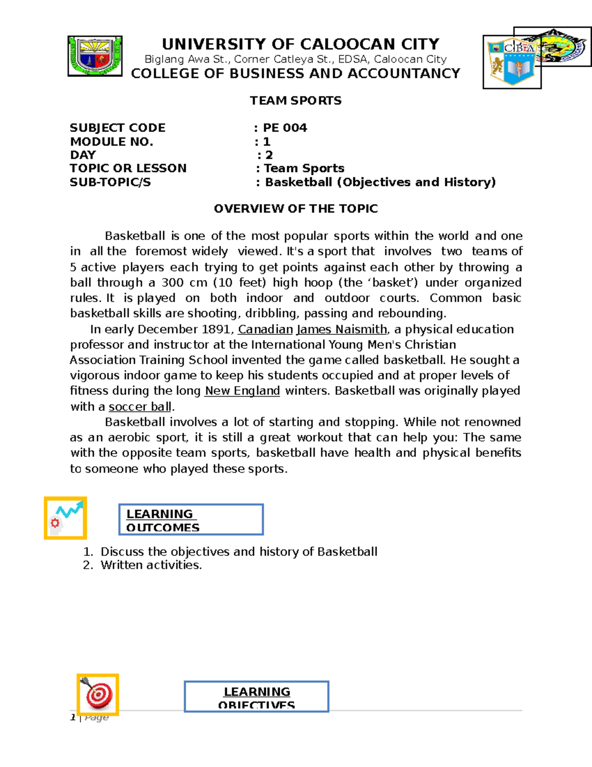 Basketball Module 1 History Objectives - Biglang Awa St., Corner ...