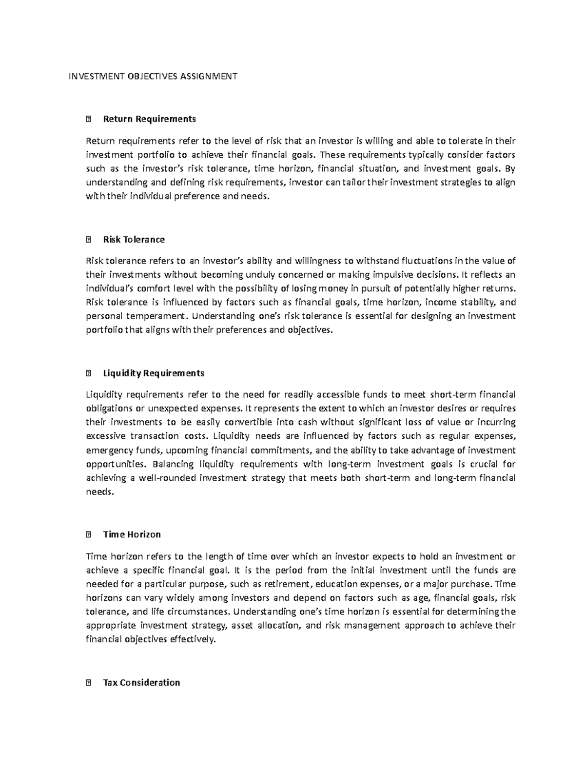 Investment Objectives Assignment - INVESTMENT OBJECTIVES ASSIGNMENT ...