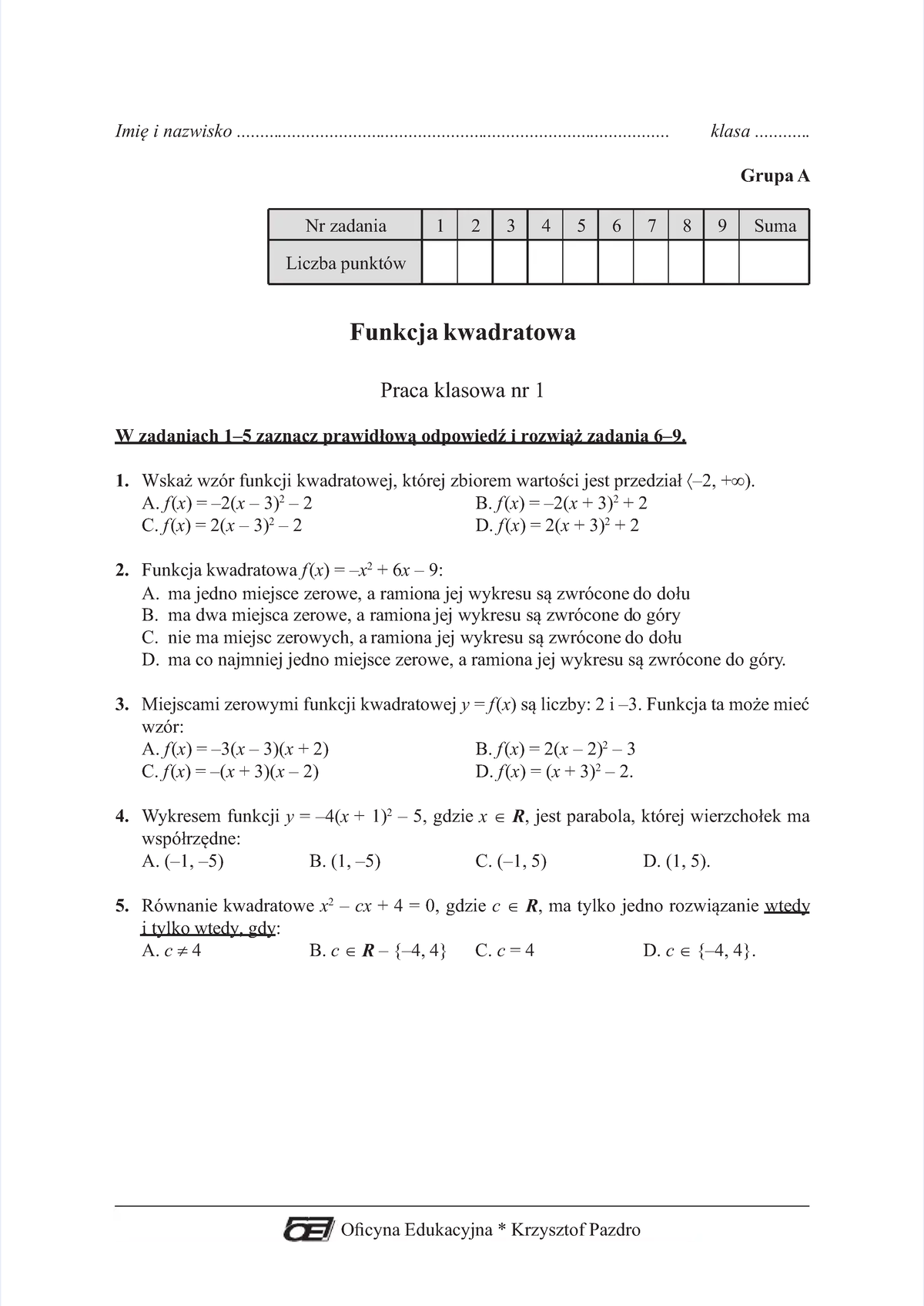 Pdf-funkcja-kwadratowa-praca-klasowa-nr-1-gr-a-wersja compress - O cyna