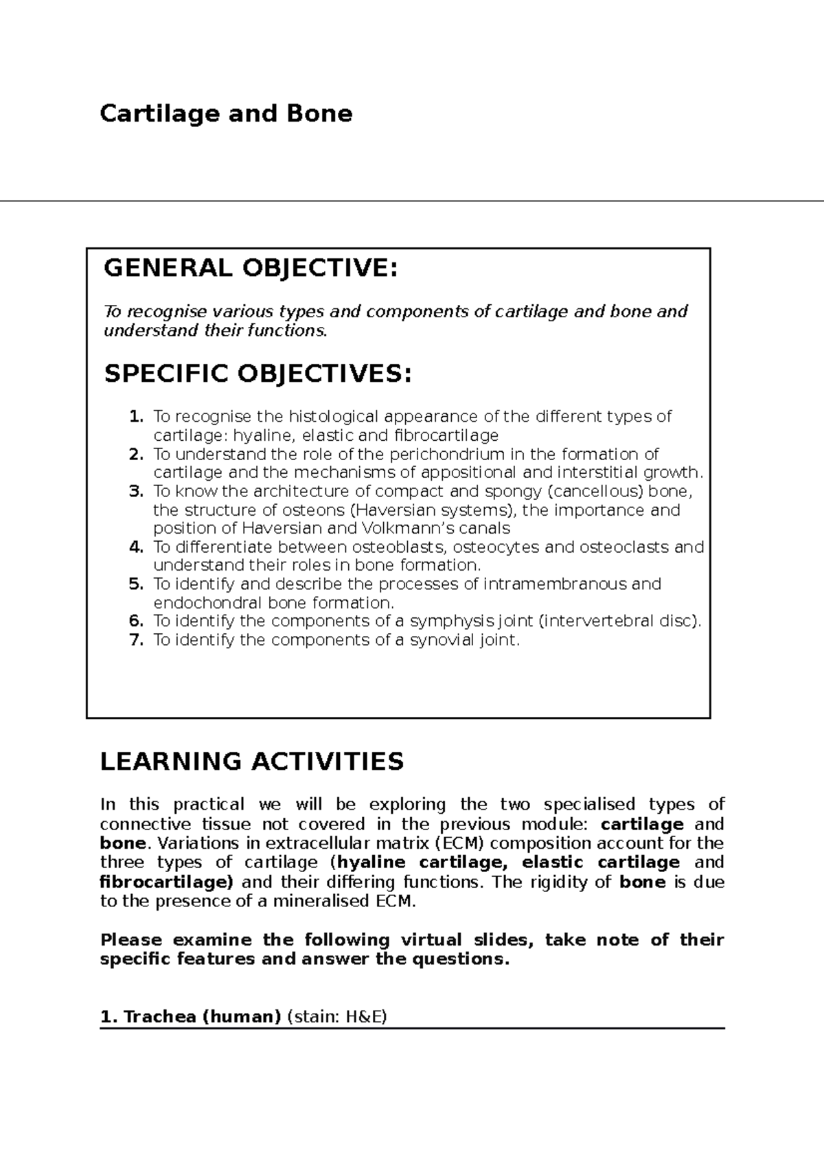 Specialised Connective Tissue - Cartilage and Bone LEARNING ACTIVITIES ...
