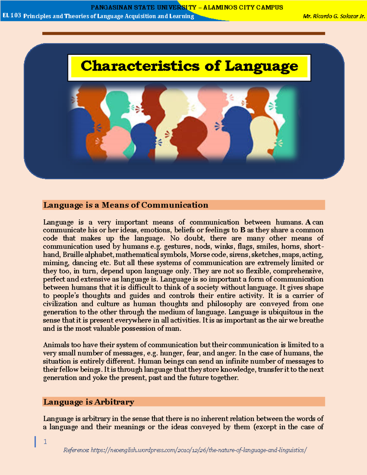Characteristics of Language, Introduction to Linguistics lecture notes ...