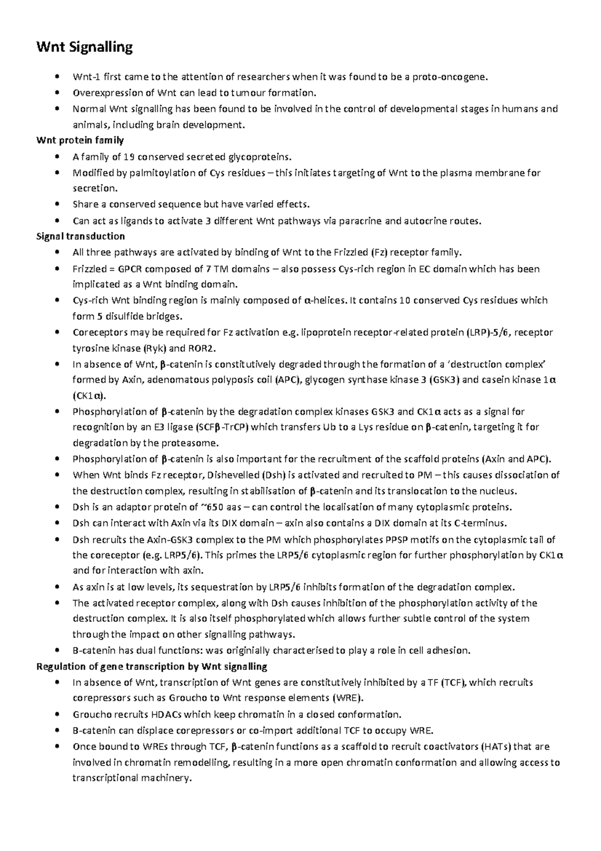 Revision Notes Cell Signaling (E): Wnt Signalling - Wnt Signalling Wnt ...