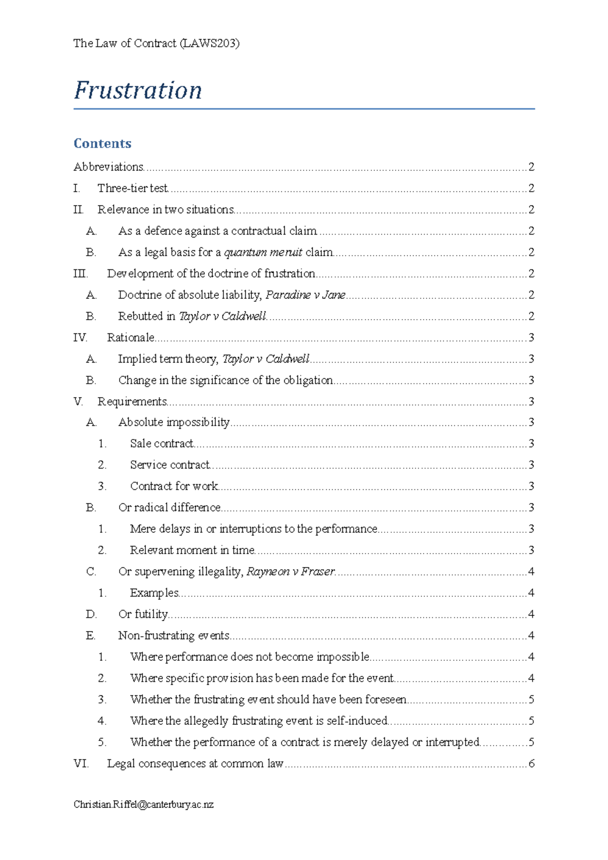 1 Handout Frustration - Outline - The Law of Contract (LAWS203 ...