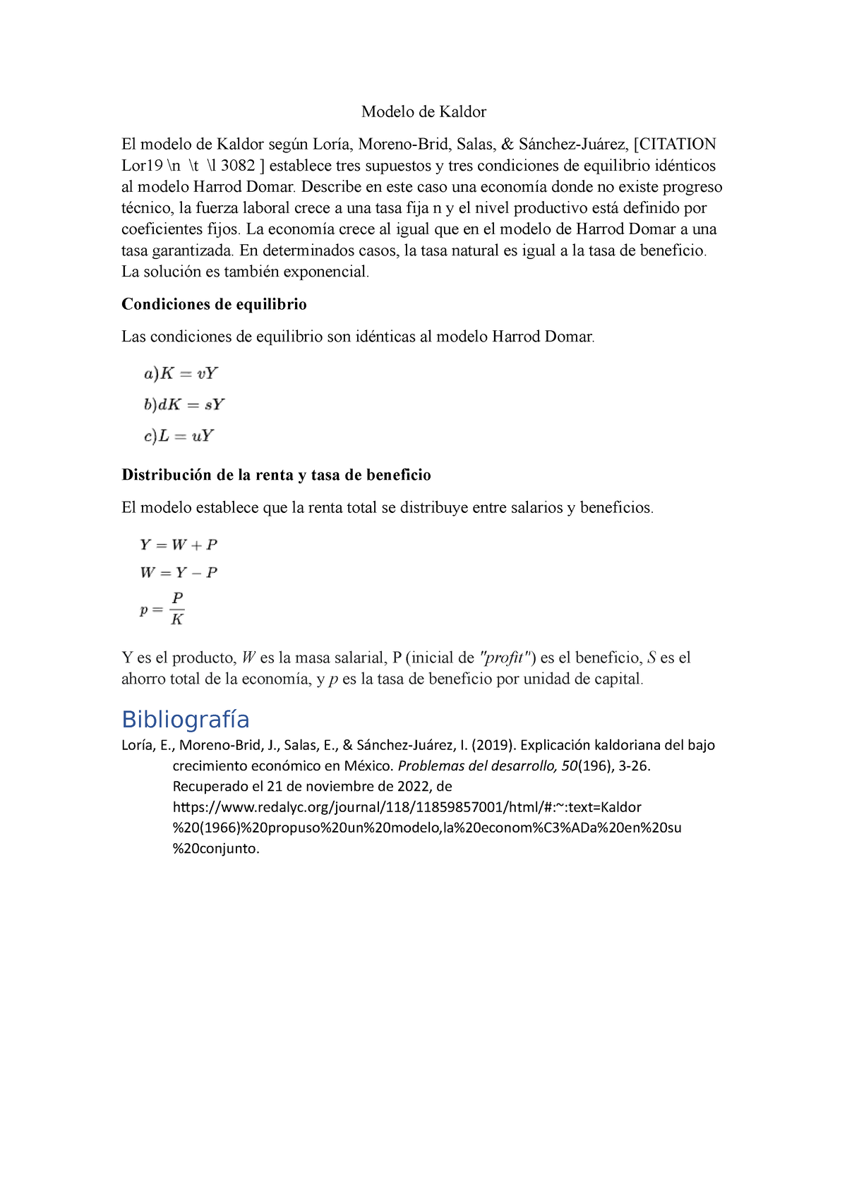 Modelo de Kaldor - economia - Modelo de Kaldor El modelo de Kaldor según  Loría, Moreno-Brid, Salas, - Studocu
