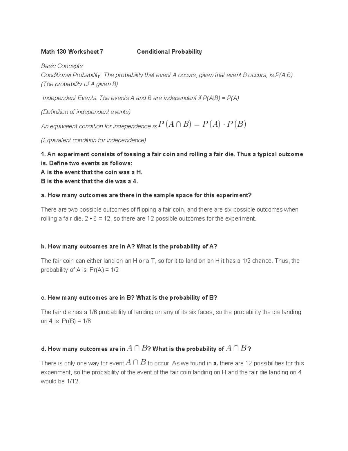 Worksheet 7 Soutions - Math 130 Worksheet 7 Conditional Probability ...