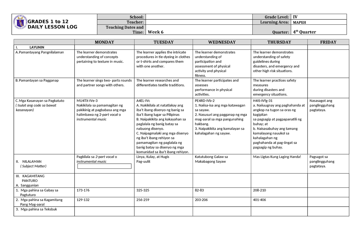 Grade 4 DLL Mapeh 4 Q4 Week 6 - GRADES 1 to 12 DAILY LESSON LOG School ...