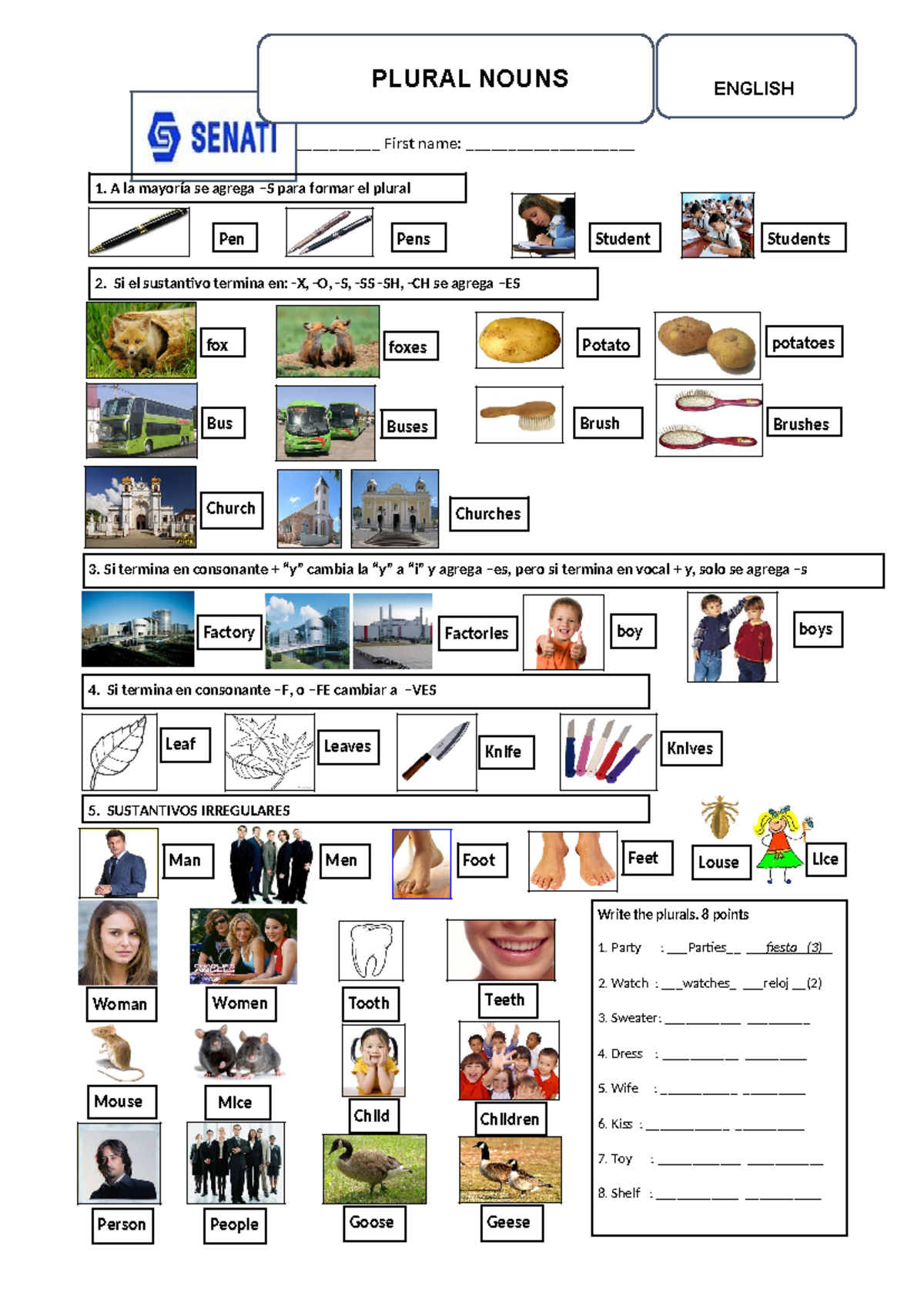 3 - A - Plural nouns - worksheet - Surname: _____________________ First ...