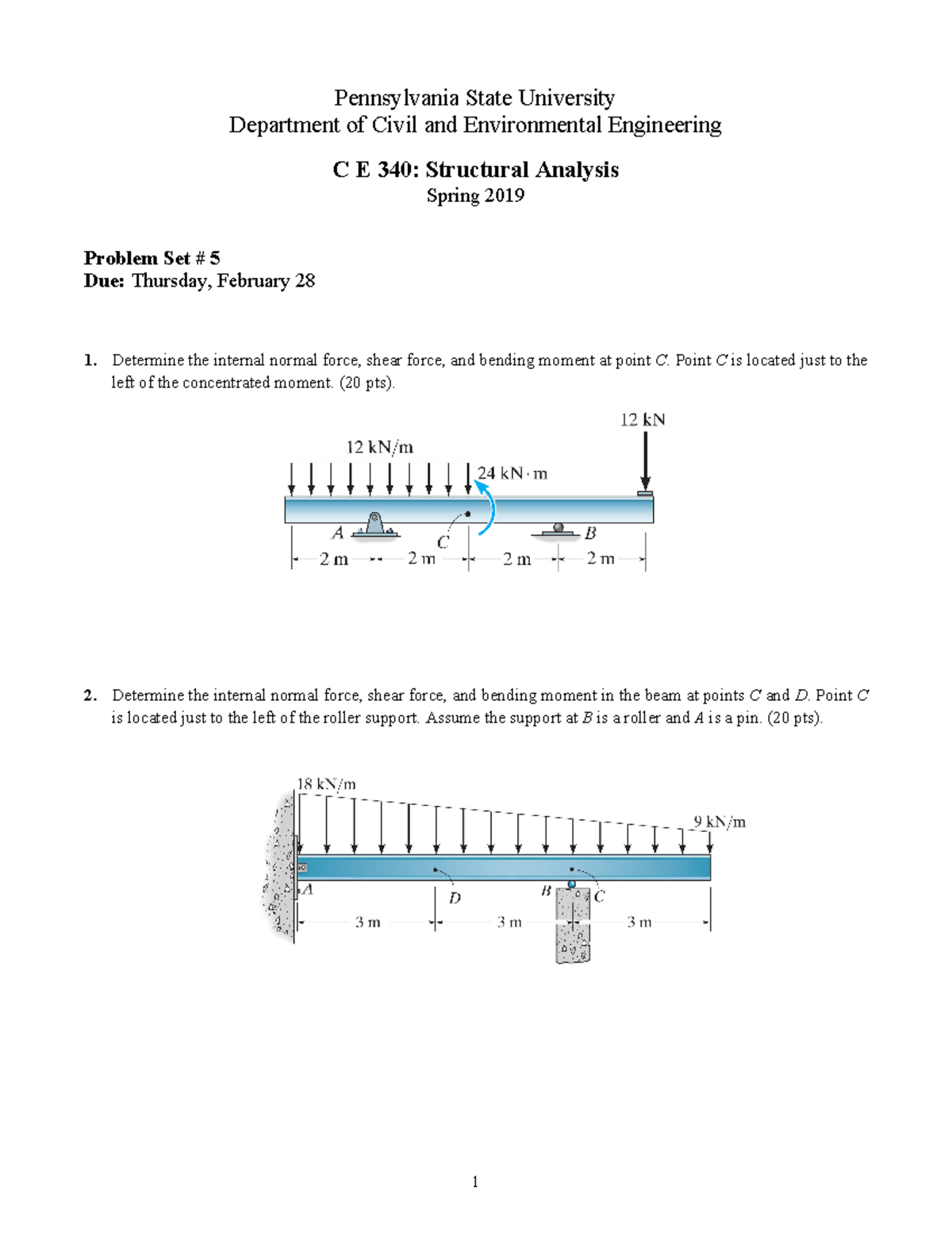 HW5 Internal Normal Force Shear Force Bending Moment At Point 1 