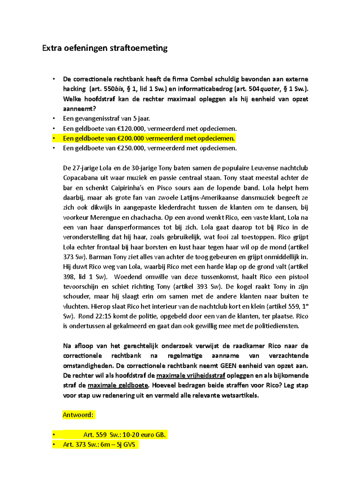 Oefeningen Straftoemeting (voltooid, Poging En Deelneming) - Extra ...