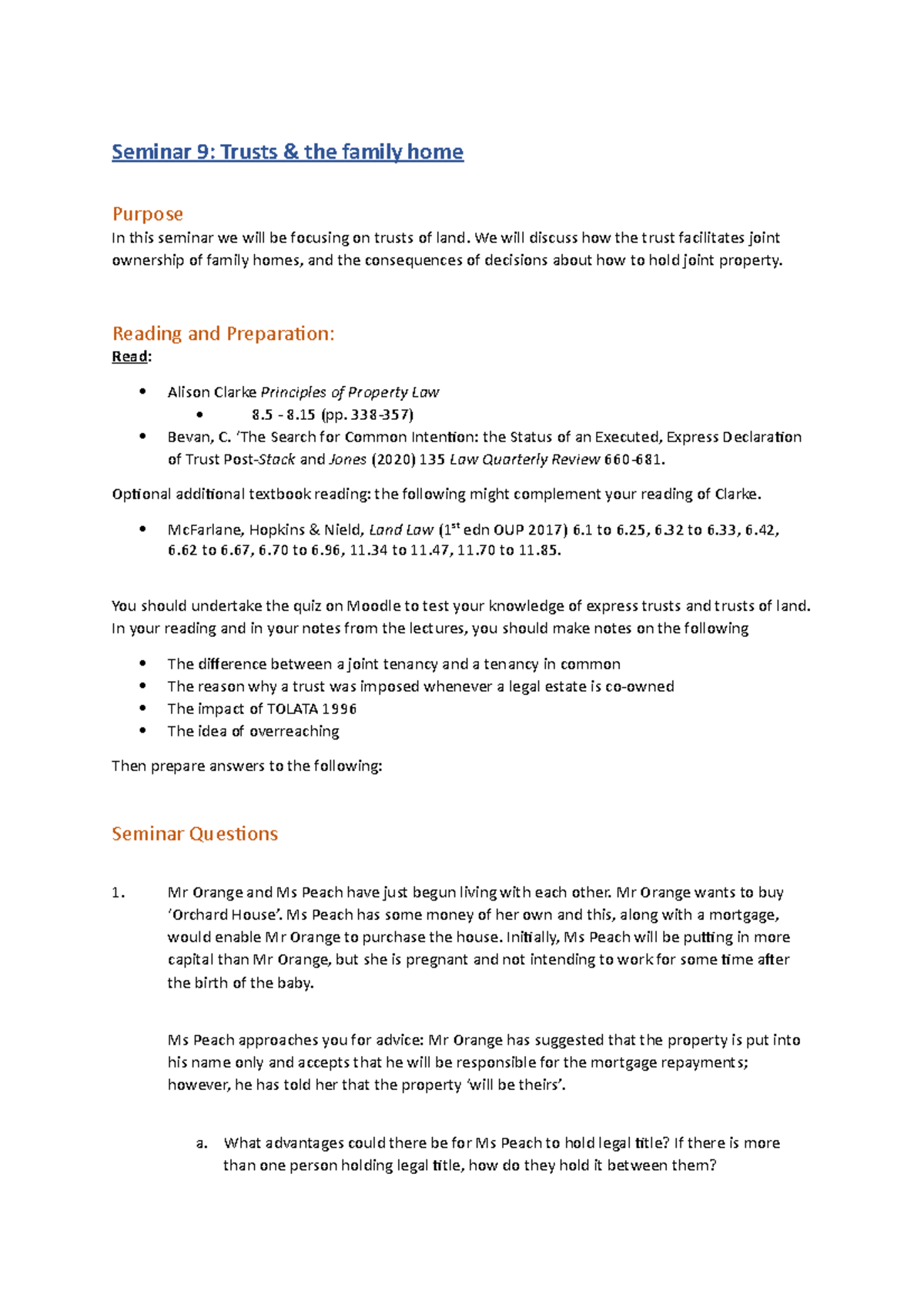 Seminar 9 Worksheet Property law 1 Seminar 9 Trusts & the family