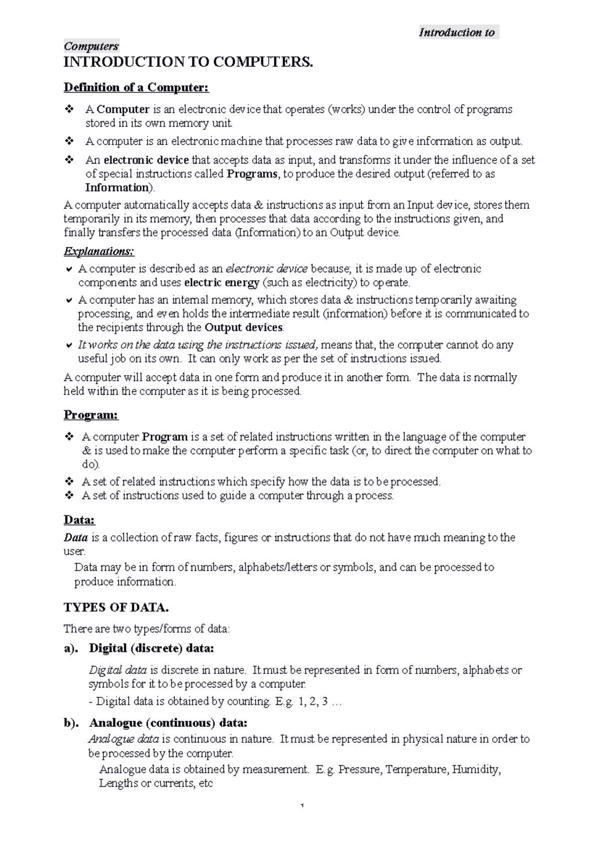ICT- Content - Software engineer - Computers INTRODUCTION TO COMPUTERS ...