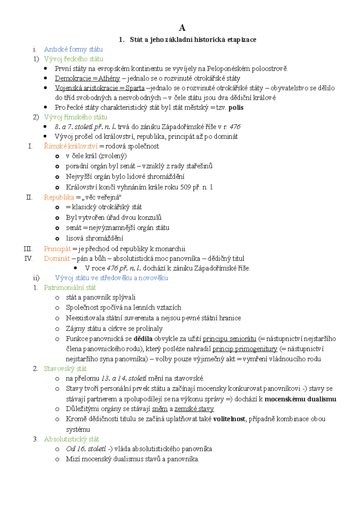 A - Oddíl A - A 1. Stát a jeho základní historická etapizace i. Antické ...
