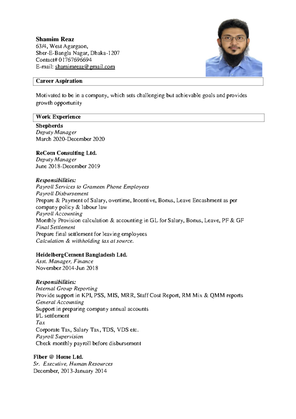 Shamim Reaz_Resume 24 Sept. 2021 - Shamim Reaz 63/4, West Agargaon ...