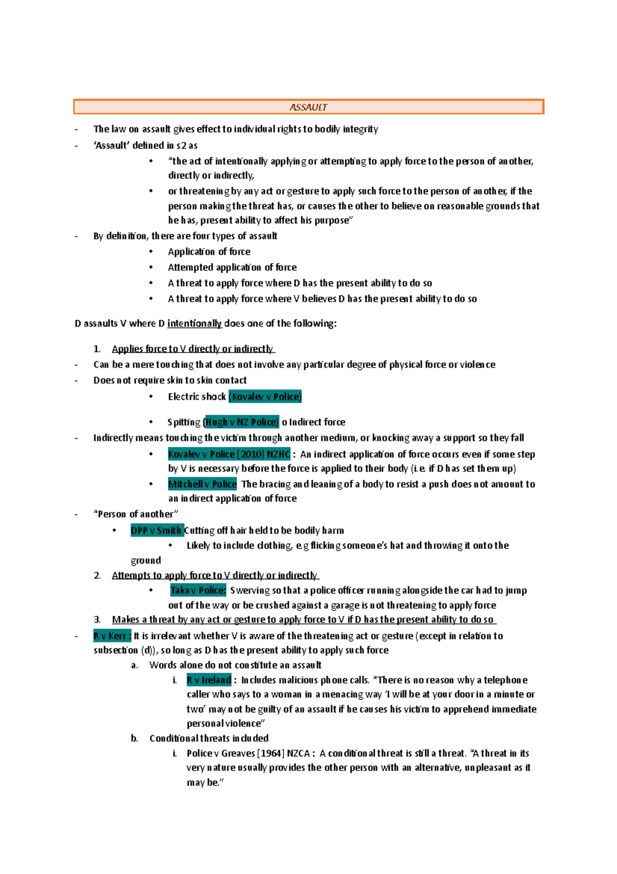 Assault - These are exam preparation notes based on this topic ...