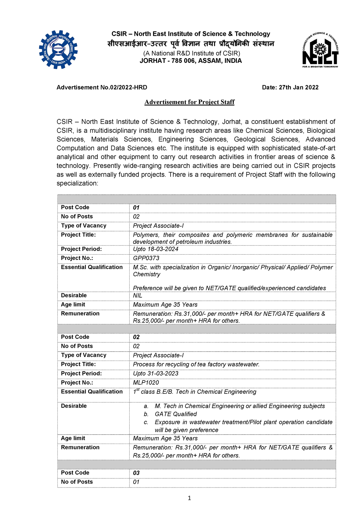 Advt-No - Adv - CSIR – सीएसआईआर Advertisement No/202 2 CSIR – North ...