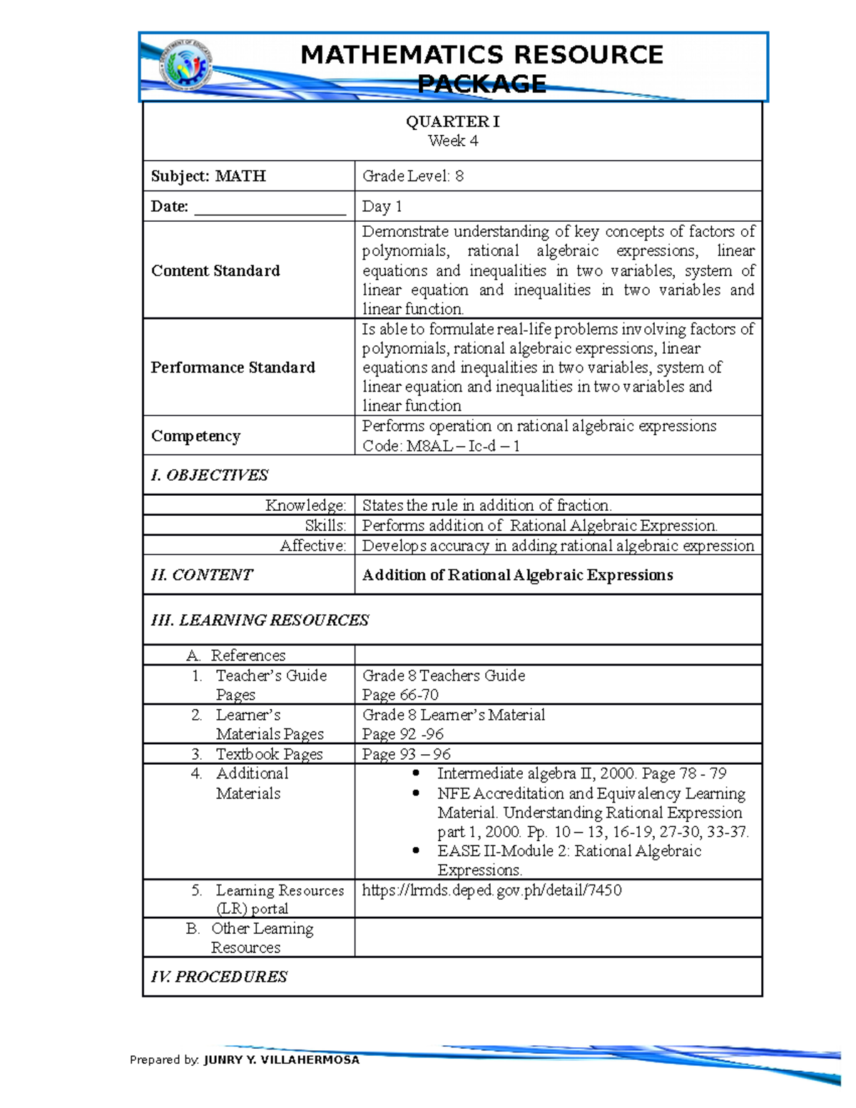 DLP-8 Week 4 Day 1 - A Detailed Lesson Plan For Grade 8 - Basic ...