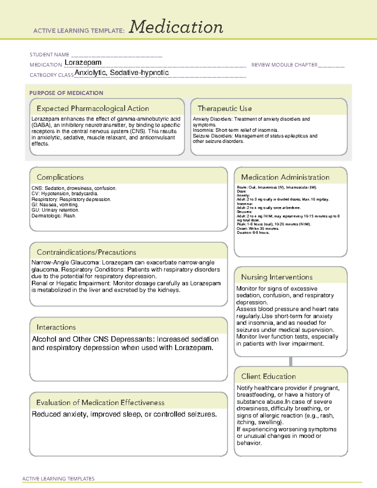 Benzo - Lorazepam ATI Medication Template - ACTIVE LEARNING TEMPLATES ...