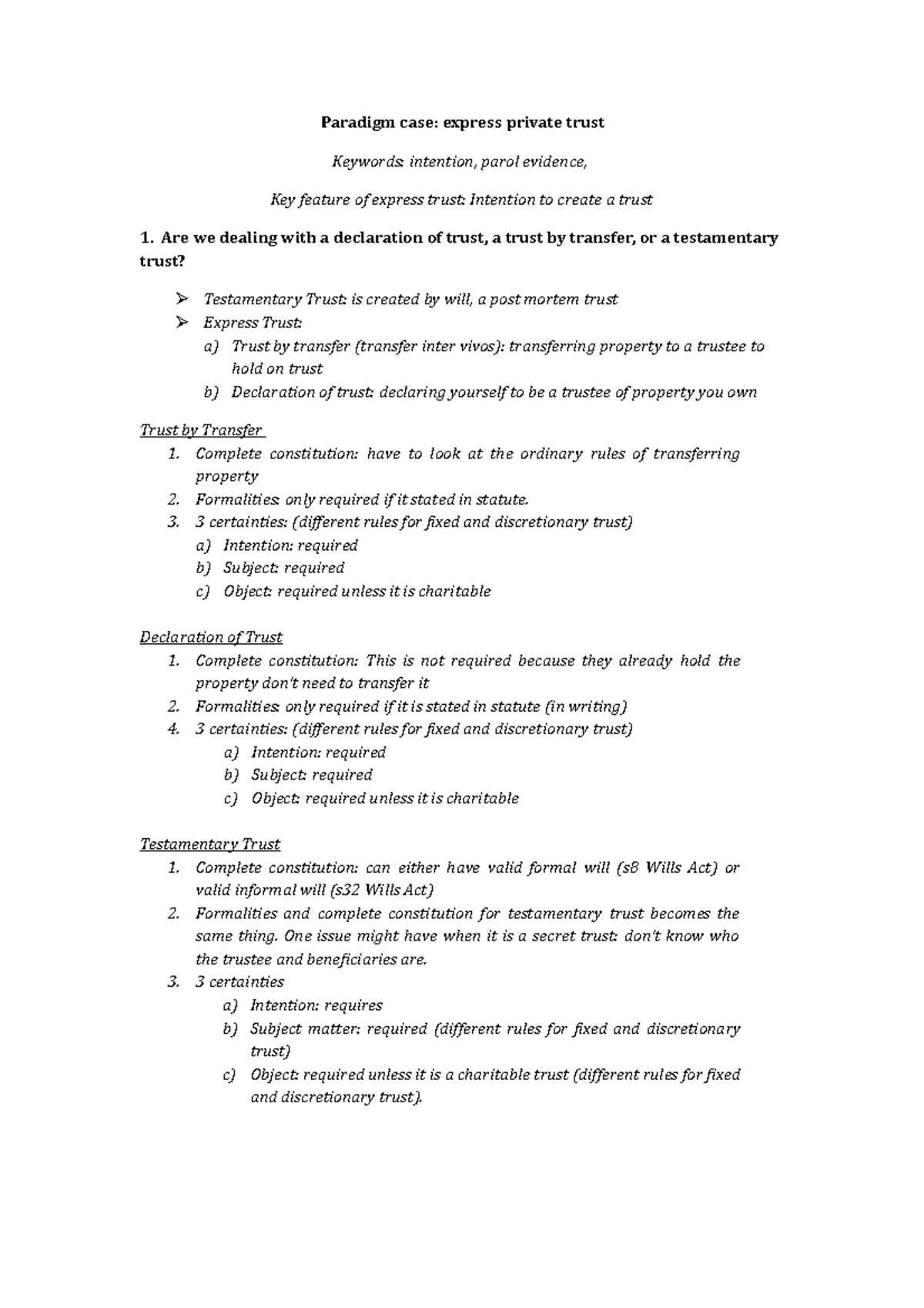 Property Law B- Summary - Paradigm Case: Express Private Trust Keywords ...