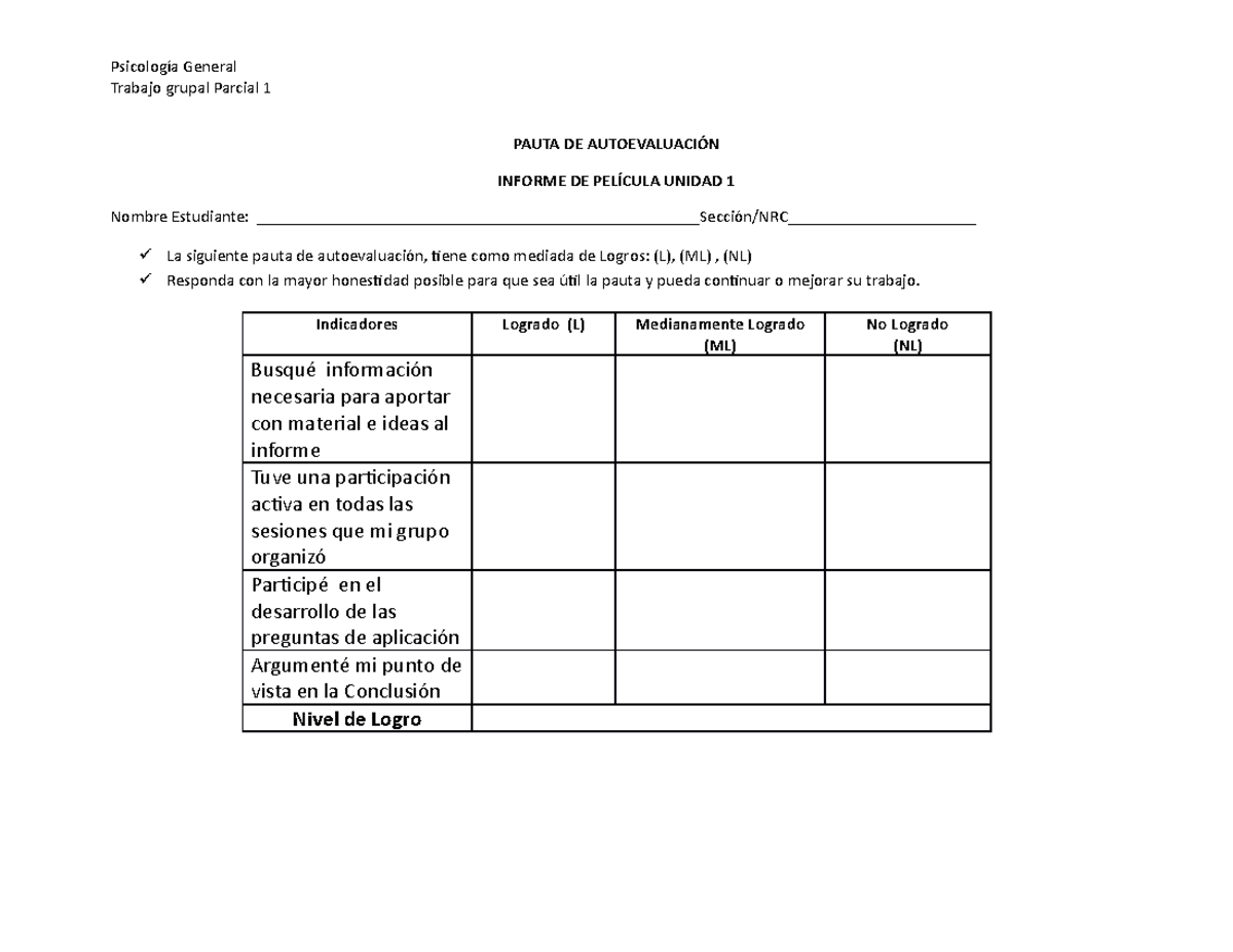 Autoevaluación Informe - Psicología General Trabajo Grupal Parcial 1 ...