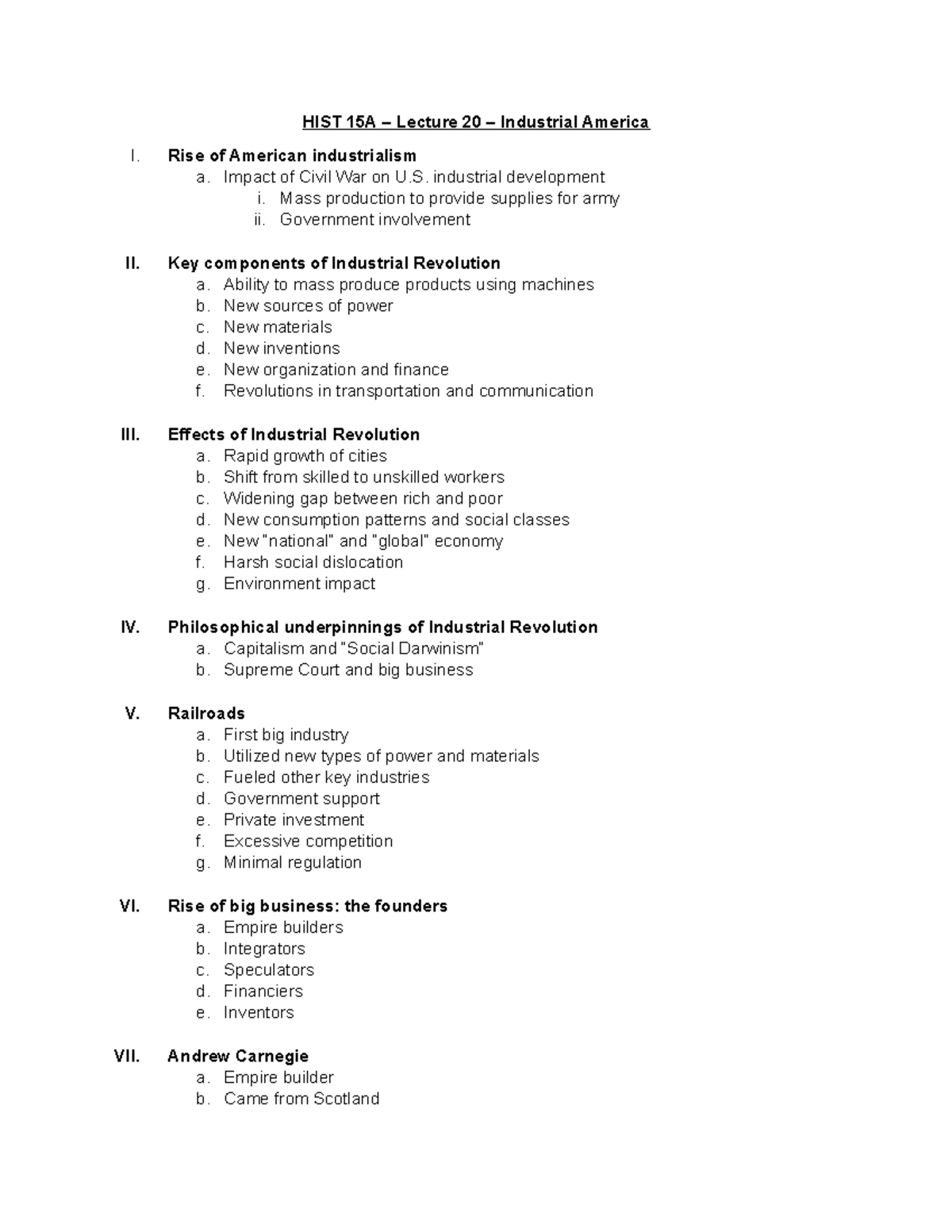 HIST 15A Lecture 20 Industrial America Rise of American