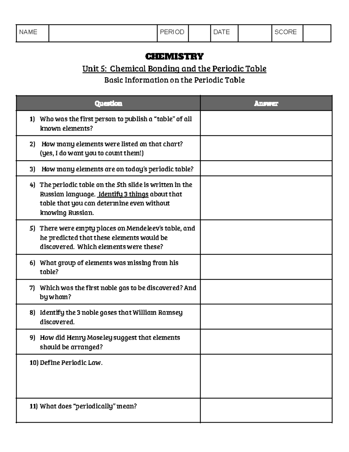 Chemistry WS over Intro to P.T - NAME PERIOD DATE SCORE CHEMISTRY Unit ...