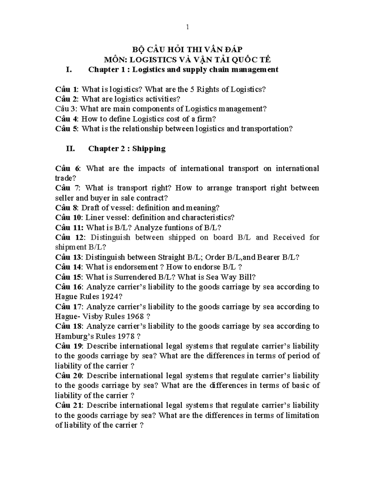 Oral test Logistics - Questions - 1 BỘ CÂU HỎI THI VẤN ĐÁP MÔN ...