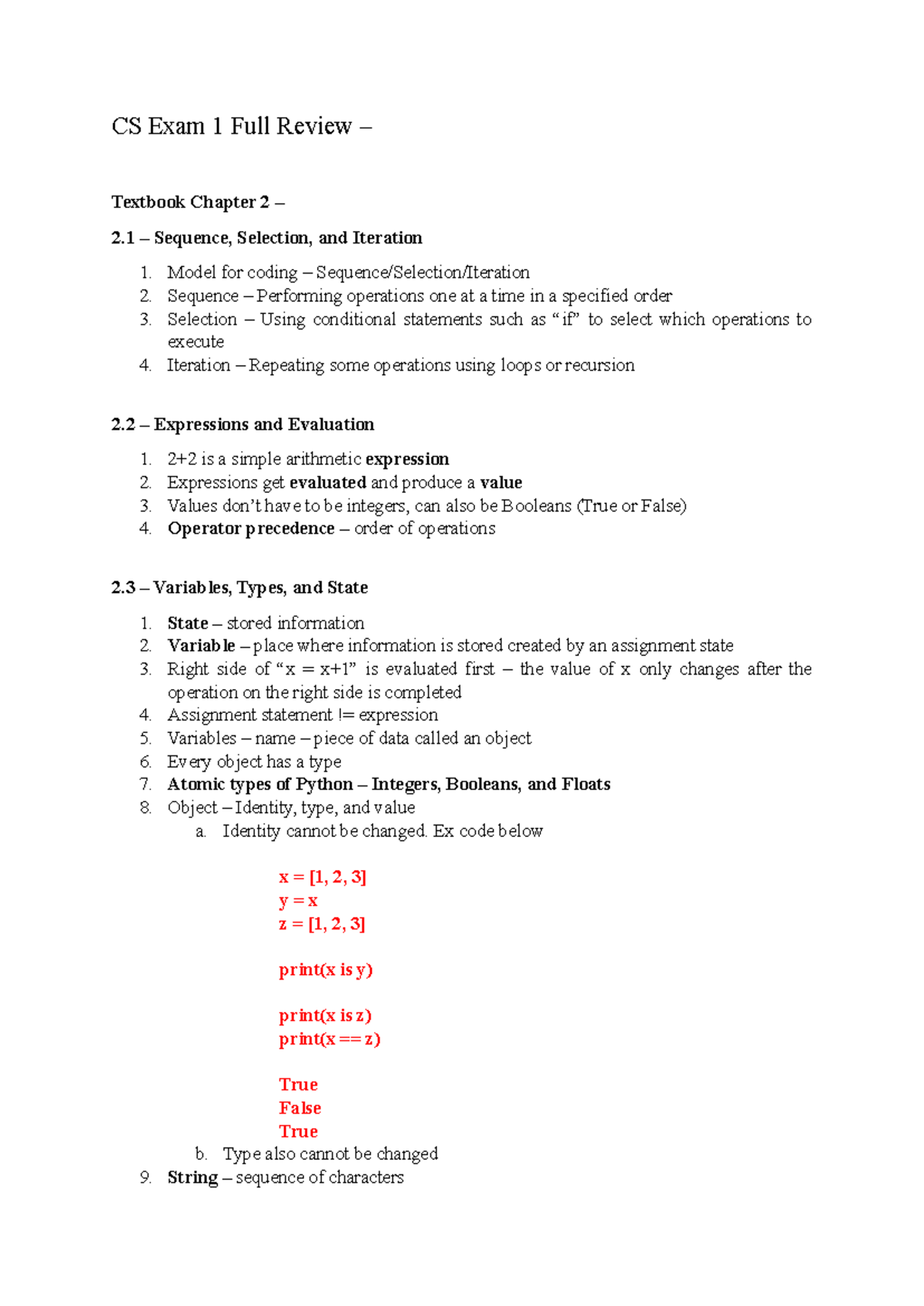 CS Exam 1 Full Review - Model for coding – Sequence/Selection/Iteration ...