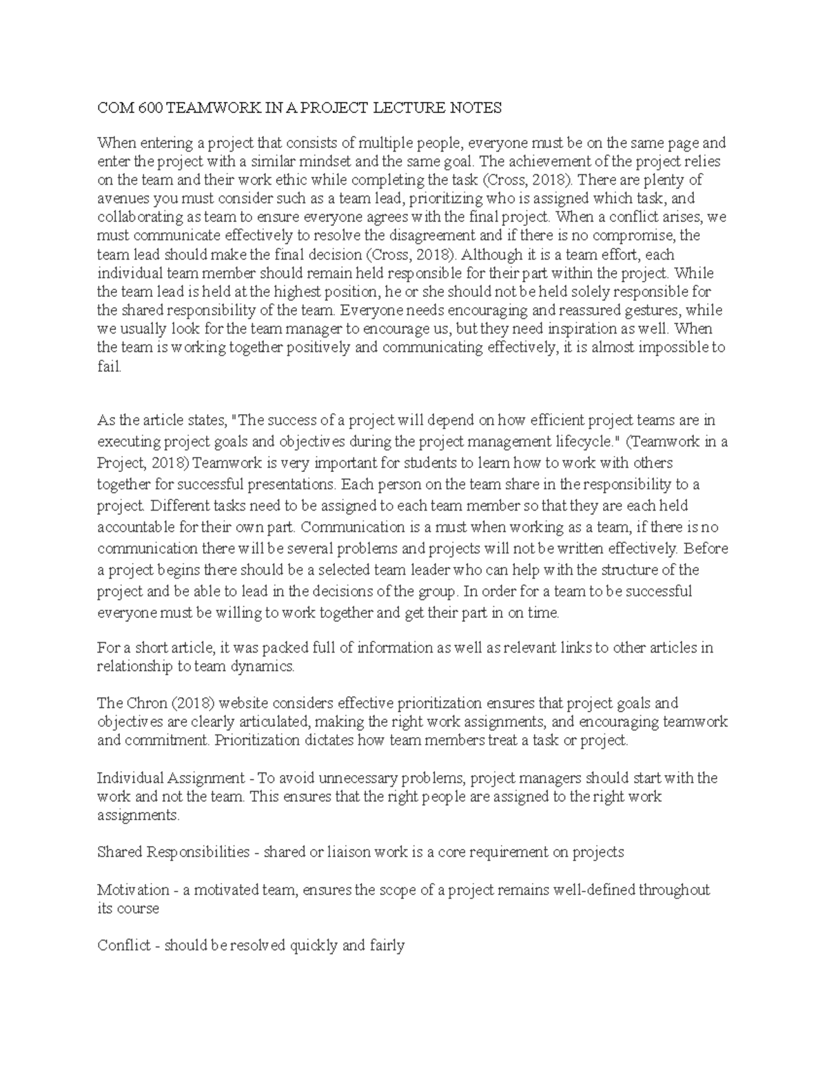 COM 600 Teamwork IN A Project Lecture Notes - COM 600 TEAMWORK IN A ...