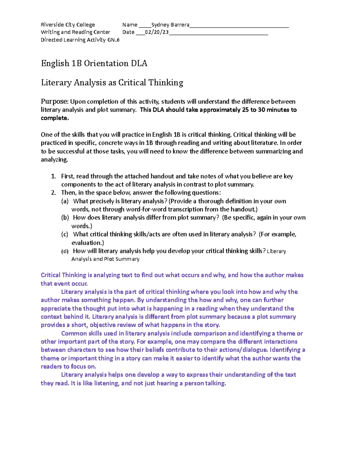 1B Orientation DLA - First assignment for specific 1-B class ...